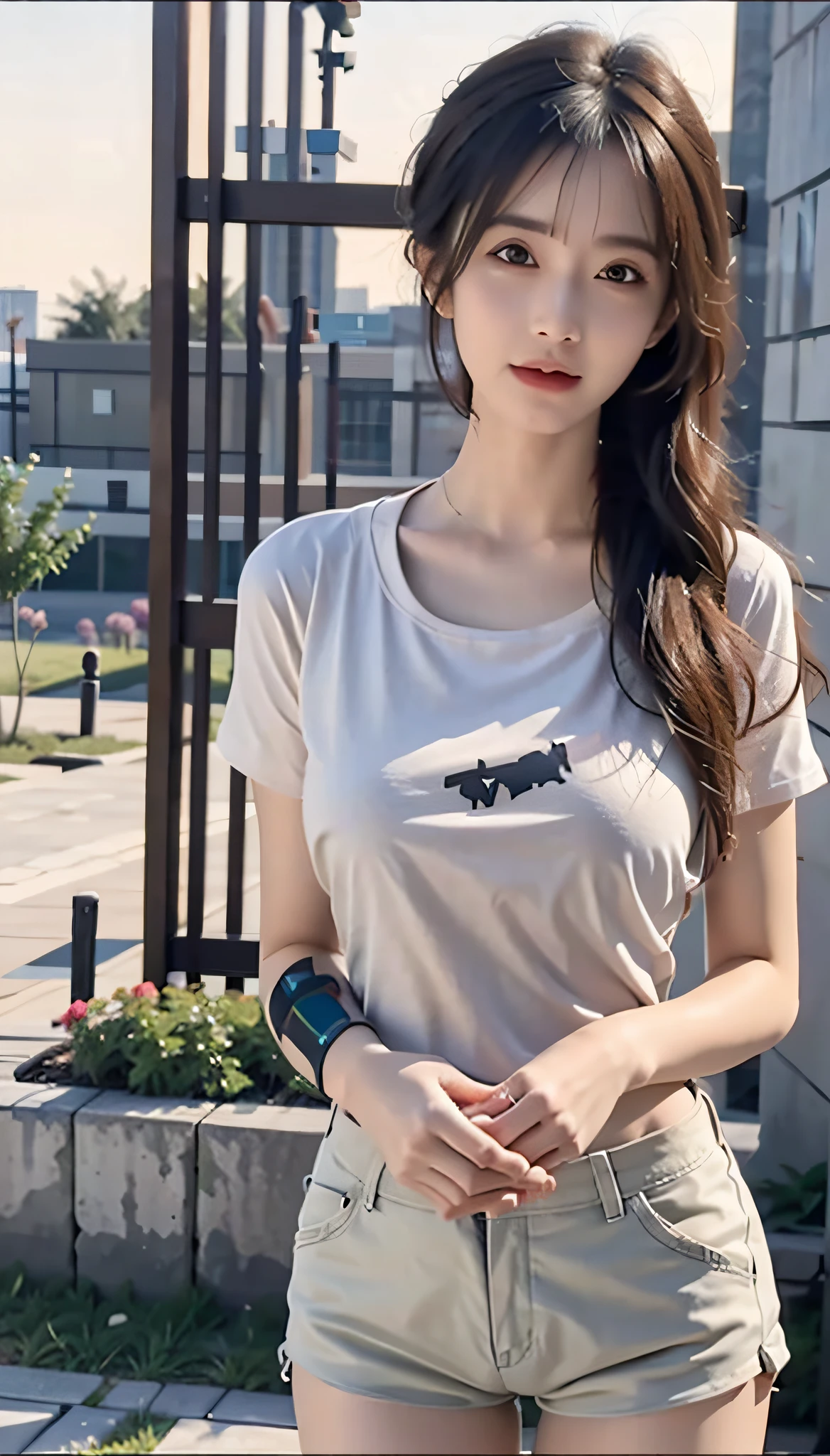 Masterpiece, best quality, (realistic, photorealistic: 1.37), 8k, an extremely refined and beautiful, amazing, fine details, official art, ridiculous, incredibly ridiculous, huge file size, super detailed, extremely detailed, beautiful meticulous girl, 1 girl, (perfect female figure), full body, t-shirt, shorts, long legs, no breasts.