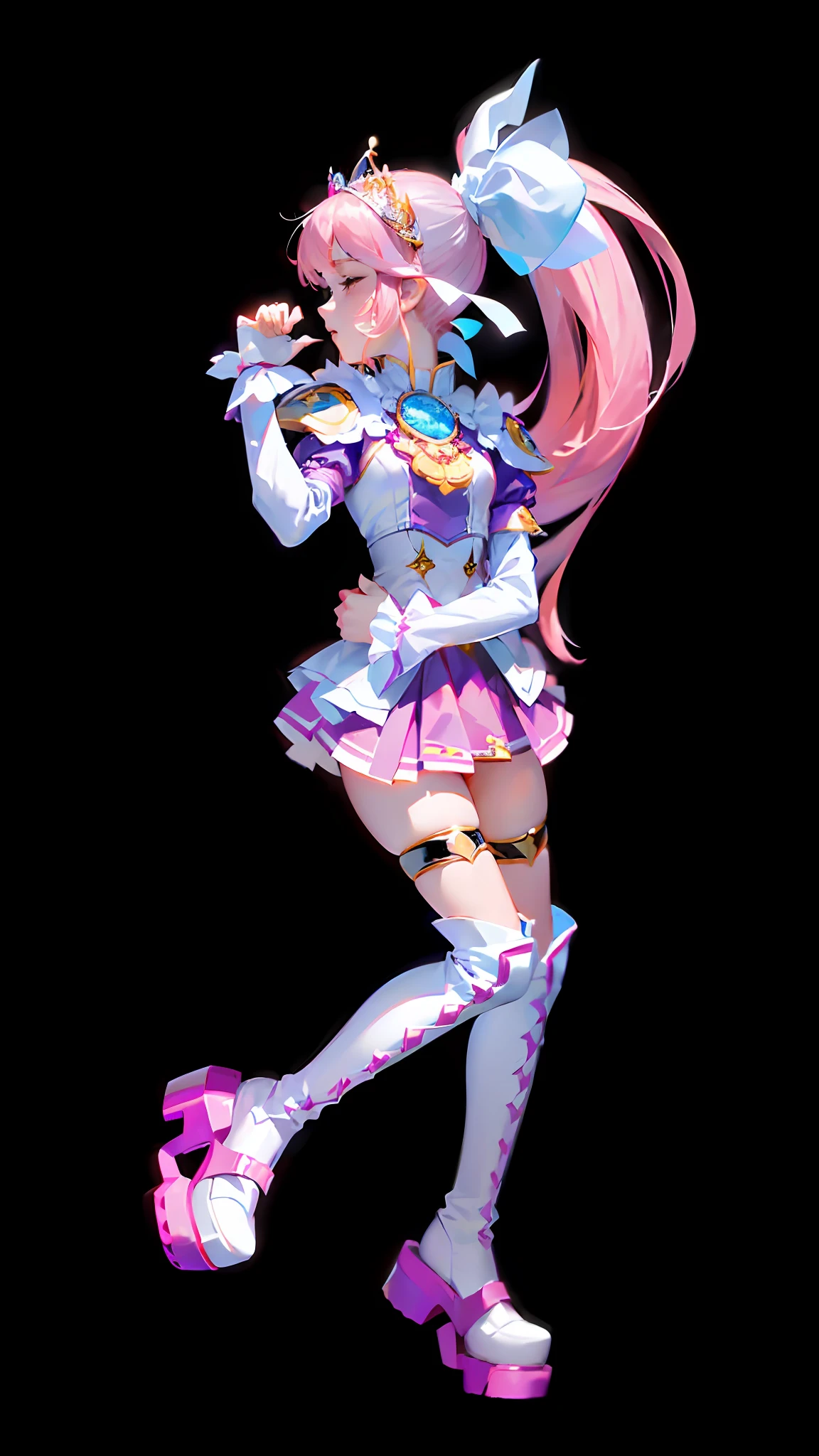 ((Lora+QuickHand: 1.2), (Masterpiece: 1.5), (Best Quality: 1.5), 8K resolution, (Perfect Hand: 1.5), a girl's beautiful expression of closing her eyes and closing her mouth, beaten and crying, (pink hair: 1.3 + single ponytail), (white top: 1.2), (pink pleated skirt: 1.2), (pink over-the-knee socks: 1.2), (beautiful tiara), (white boots: 1.2), (no background: 1.5), ( Slender legs: 1.2))"