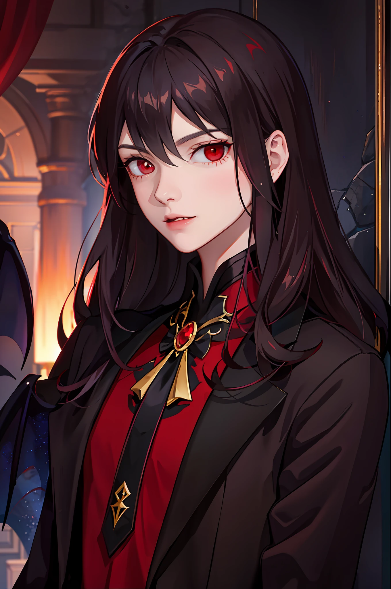 Portrait of a young vampire, ((male)), red eyes, femboy, long dark hair, dark clothes