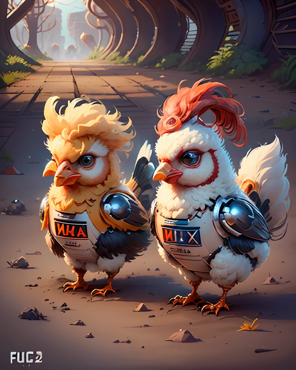 create a logo ((with the word "FUJA" written in a large font)) for a game ((futuristic universe)) based on the movie "chicken run" ((robotic chickens)) --auto --s2
