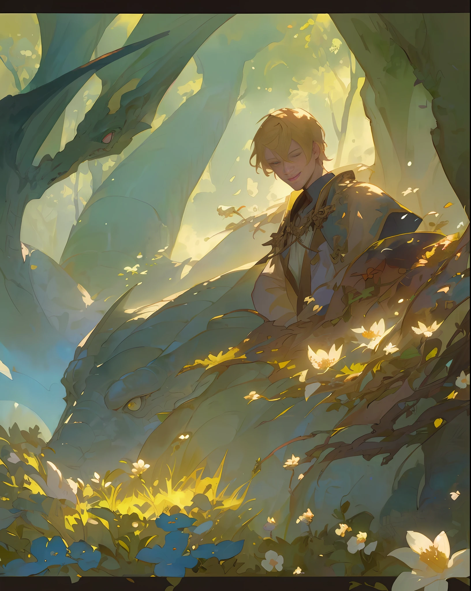 ((top quality, masterpiece)), comic art, concept art, watercolor, (((2 men)), beautiful blonde man, dragon knight, fantasy, forest, blooming flowers, sunlight, fantastic light and shadow, landscape, highly detailed face, portrait, smile, pose, particle, wind, flower, simple background, use backlight and rim light