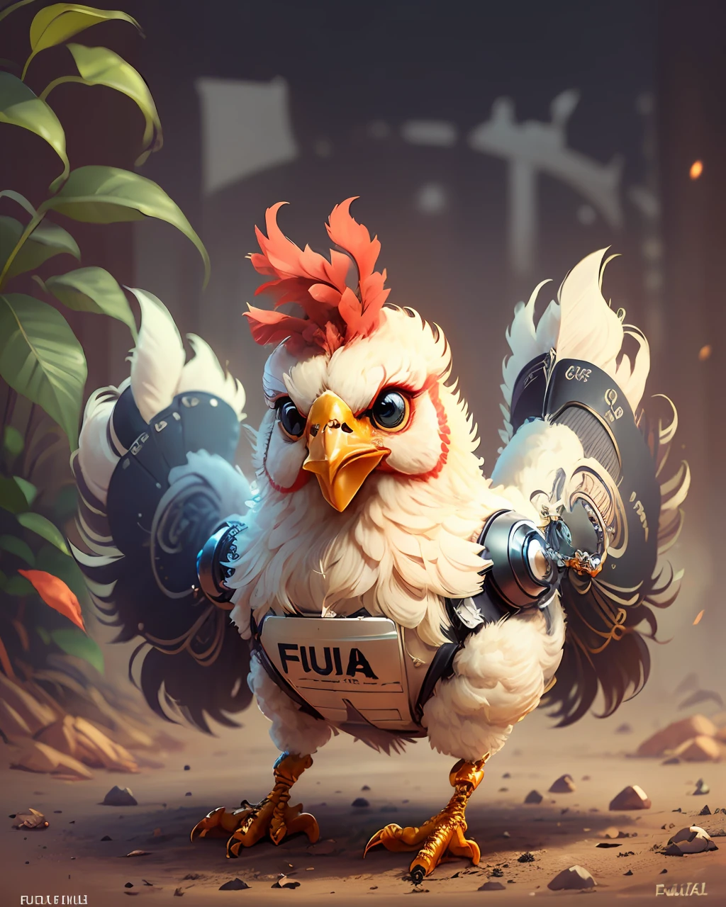 create a logo ((with the word "FUJA" written in a large font)) for a game ((futuristic universe)) based on the movie "chicken run" ((robotic chickens)) --auto --s2