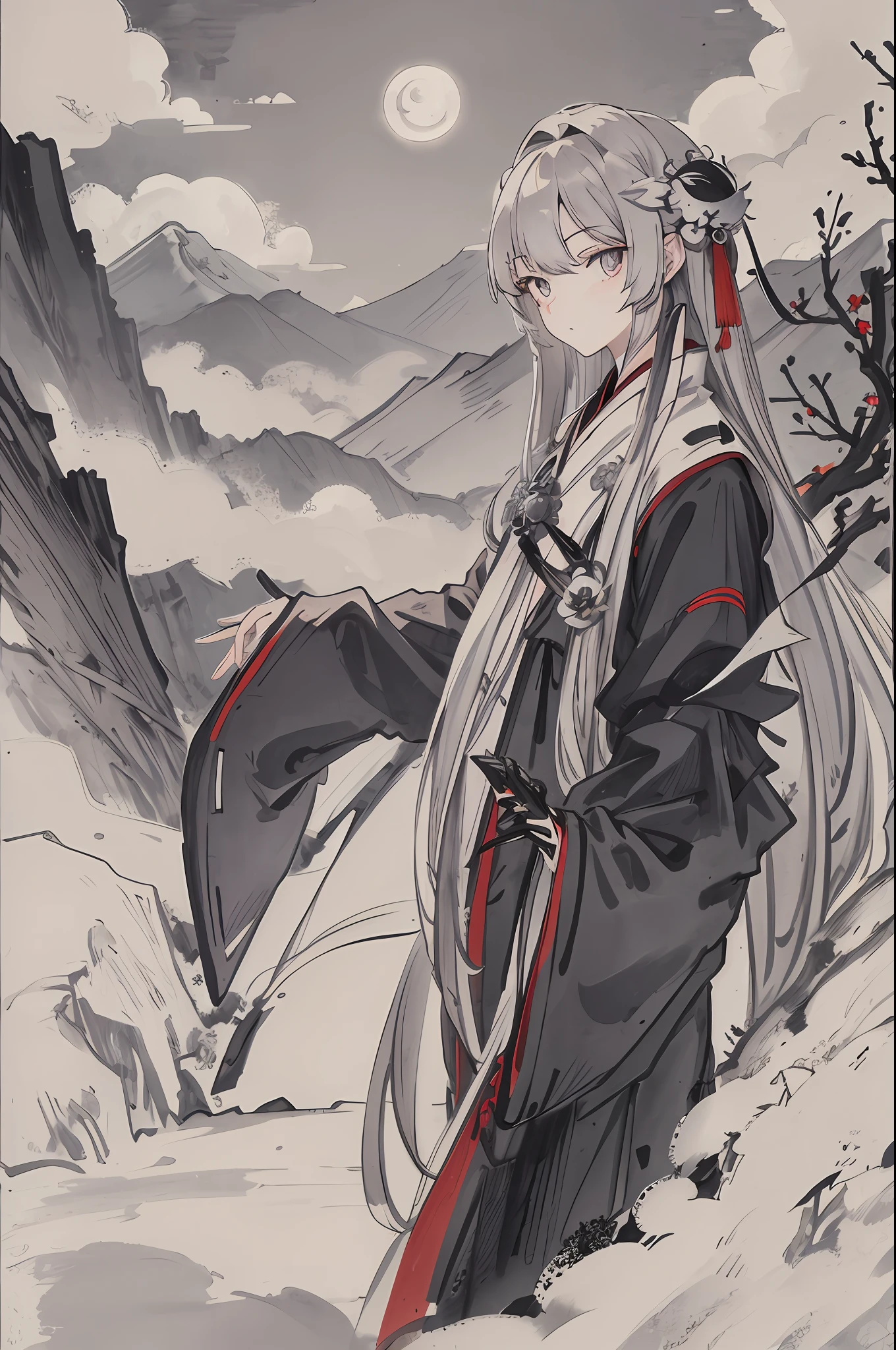 Masterpiece Needle Night Mountain Clouds Full Moon Long Hair Female Silver White Long Hair Mature Three Eyes Grey Eyes Assassin Dagger 花