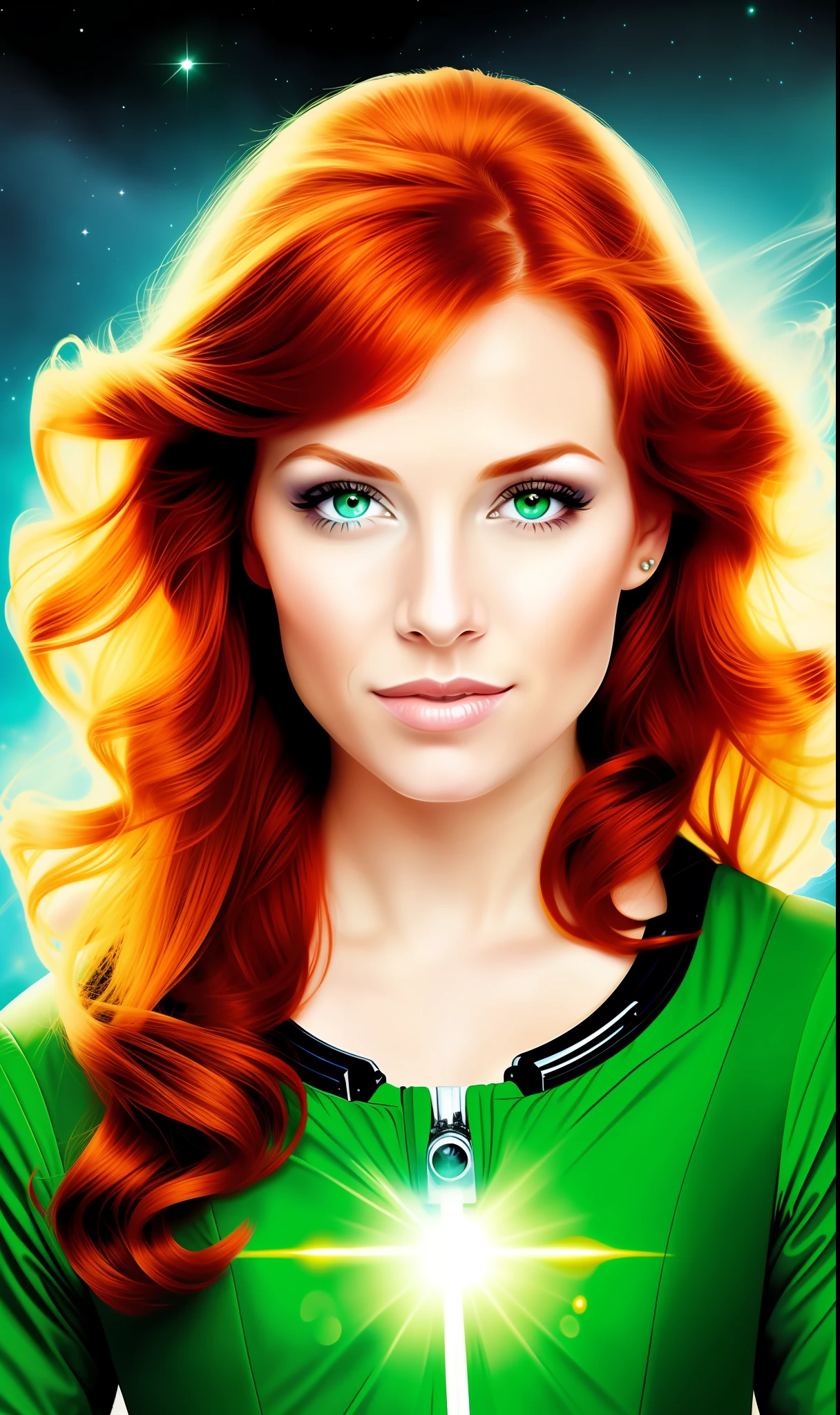 Green-eyed redhead woman in space (best quality)