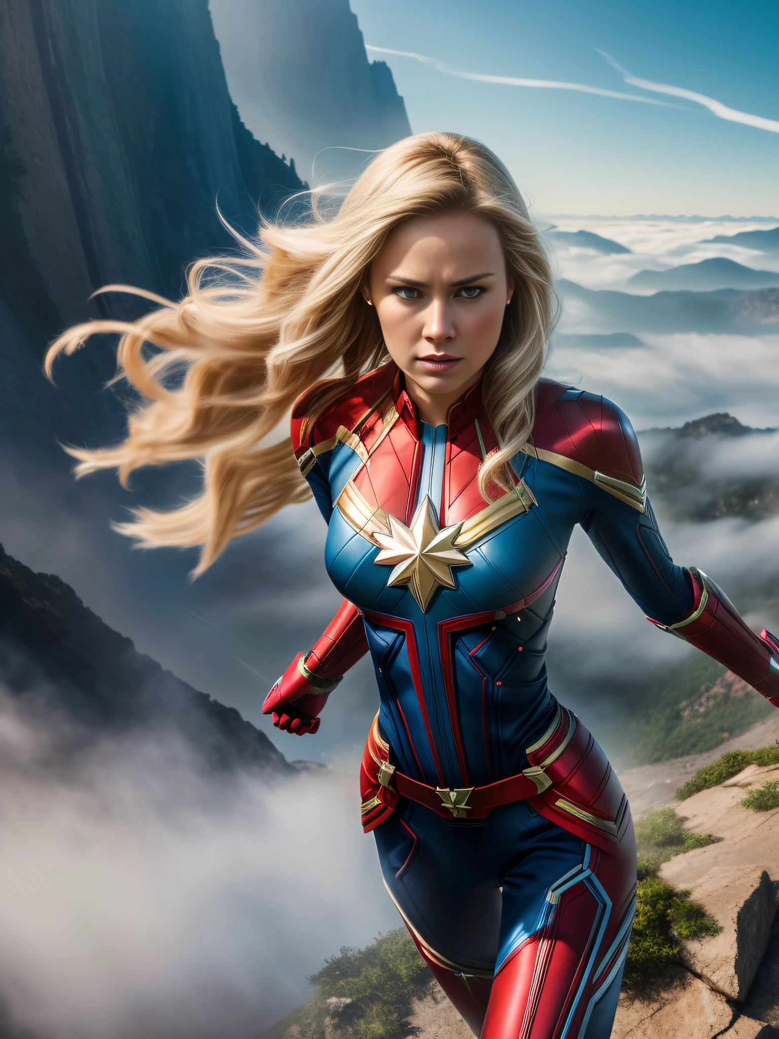Full body shot of white woman wearing Captain Marvel suit, flying over a mountain cliff, bursts of energy, powerful aura, punk hairstyle, long blond hair, slim, skinny, delicate features, athletic, various posed, natural lighting, masterpiece, realistic, photorealistic, serious, concerned, movie poster, cinematic, mist and fog, sharp focus