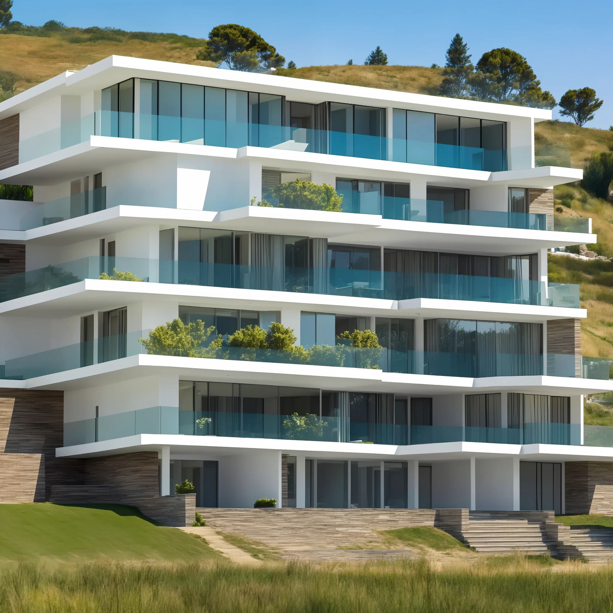 Modern luxury house on a hill, detailed nature background, square shapes, beautiful square design
