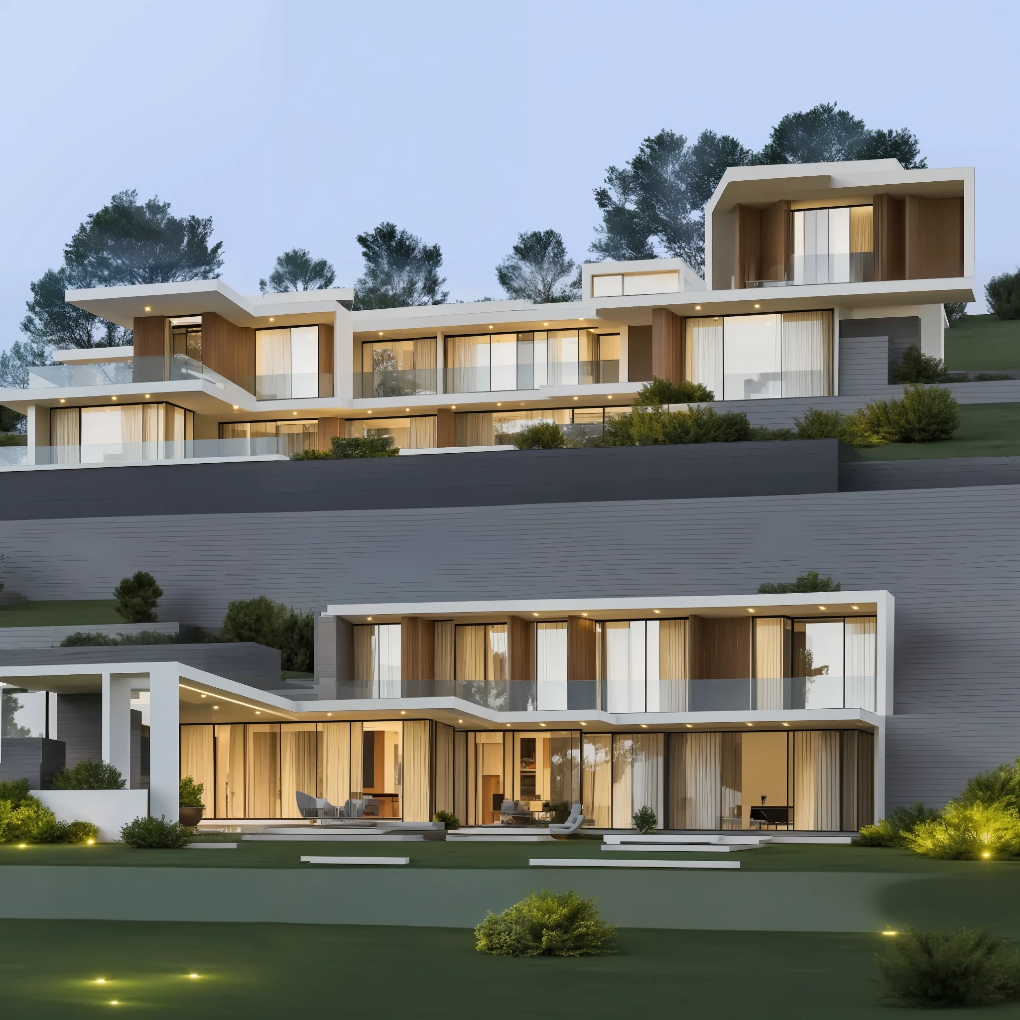 Modern luxury house on a hill, detailed nature background, square shapes, beautiful square design