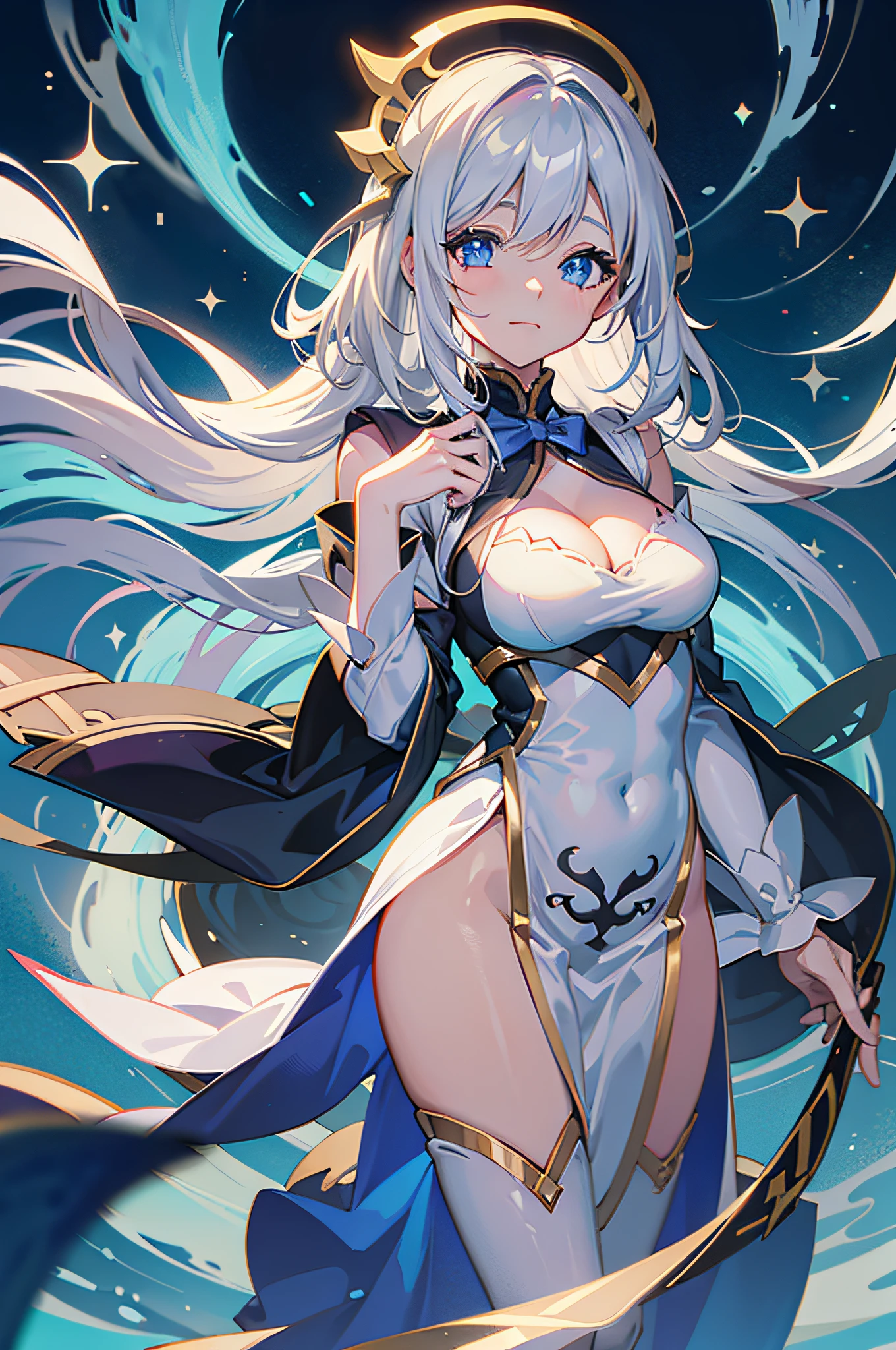 ((Best Quality, 8K, Best Masterpiece)) Anime characters with long gray hair and blue eyes, Anime visuals of young women, Today's featured anime stills, God of White Hair, official art, cute girl anime visuals, Popular isekai anime, Tsuaii, Marisa Kirigami, Anime movies, TV anime still, Isekai, Hestia, Albedo of Anime Overlord Transparency 　Blue small ribbon in hair smile