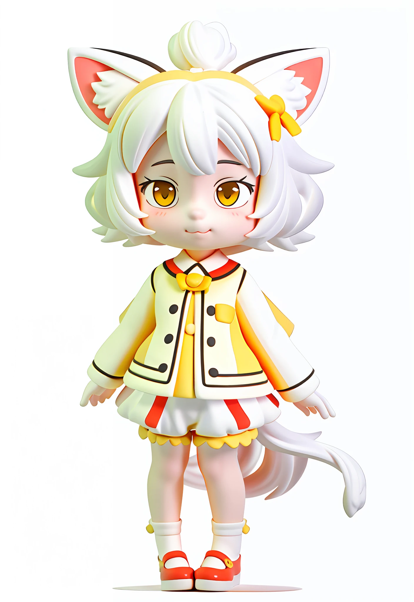 A painting of a girl with cat ears and pure yellow bloomers, pure white hair, pure yellow clothes with a red bow, white ears, yellow and red shoes, fluffy fox tail