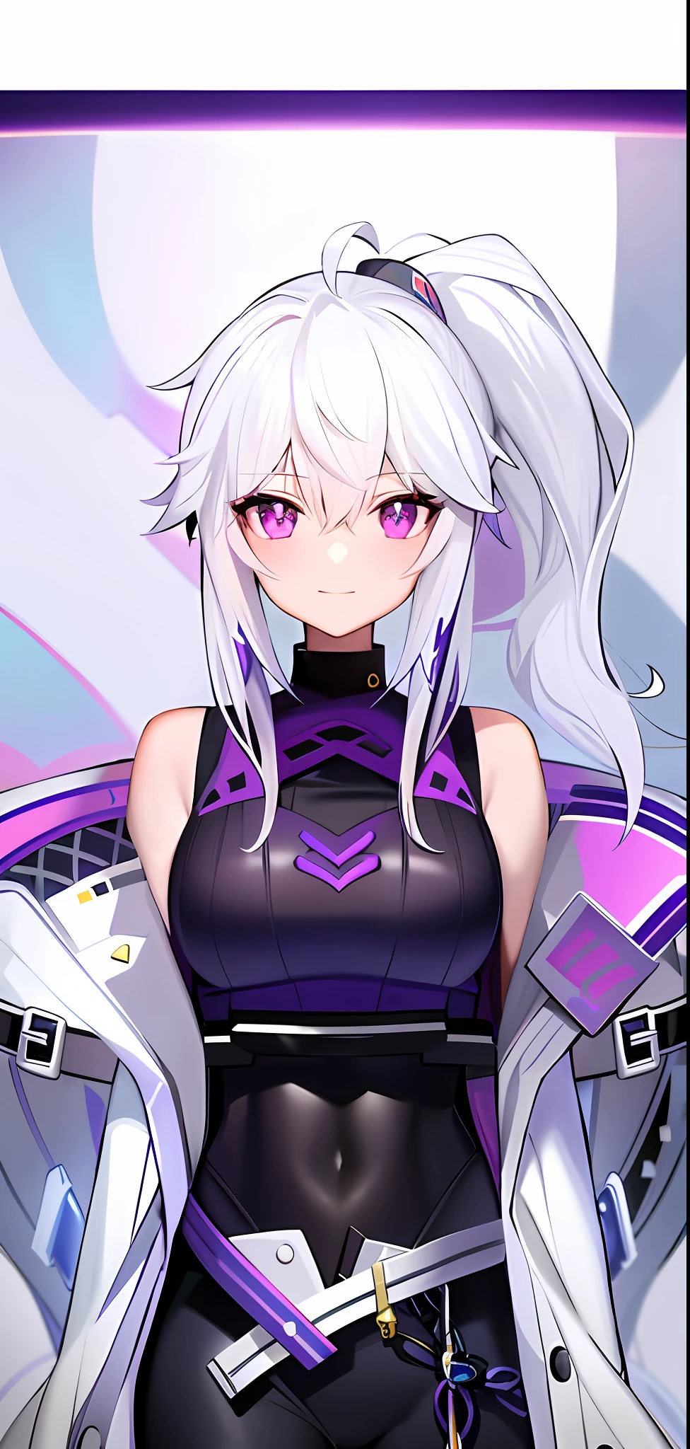 anime girl with white hair and purple jacket standing in front of a mirror, ayaka genshin impact, white haired deity, ayaka game genshin impact, keqing from genshin impact, portrait knights of zodiac girl, akasuki voidstar, silver hair (ponytail), white haired, katana zero video game character, anime moe artstyle
