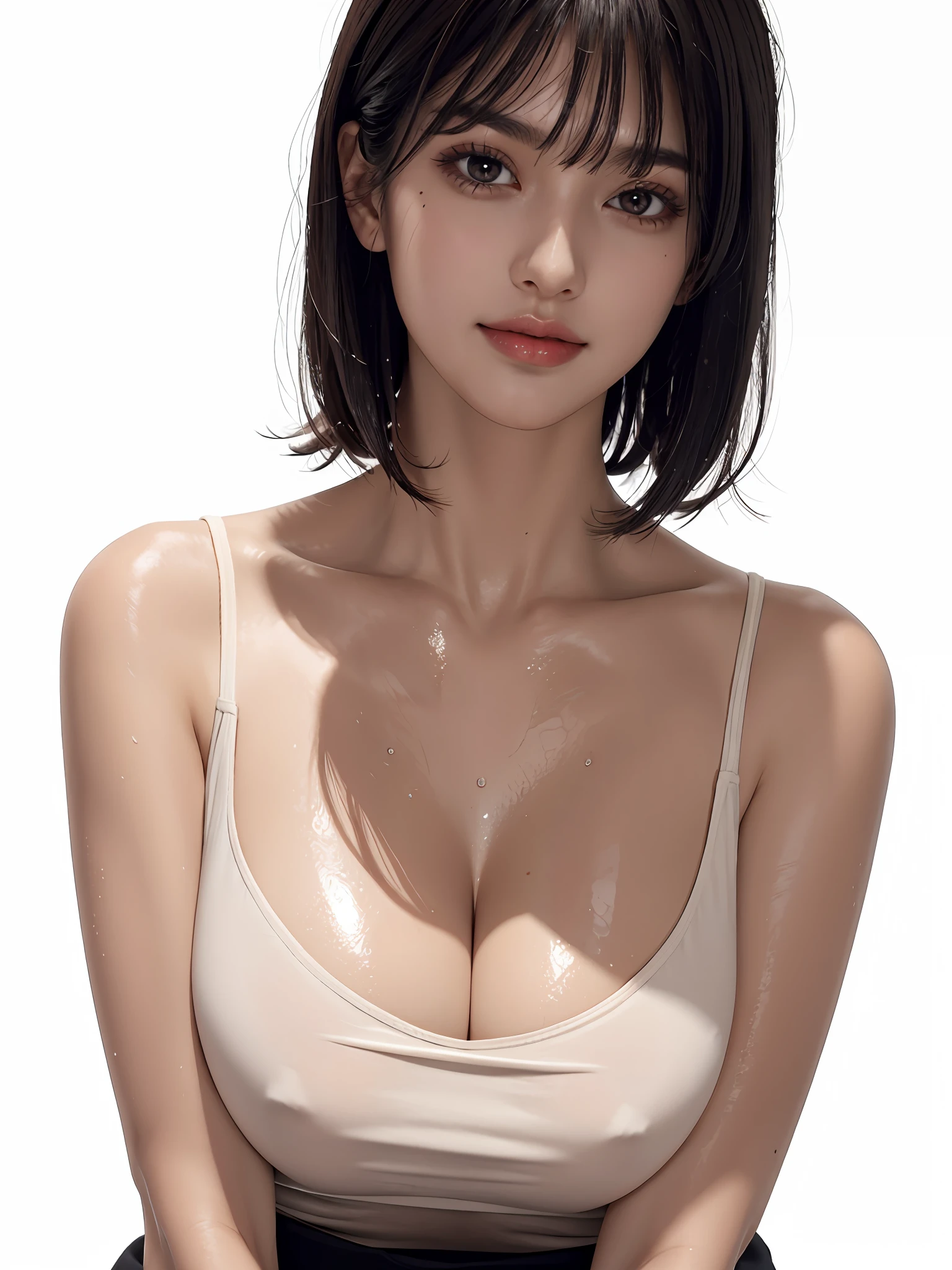 Fit Body, Masterpiece, Best Quality, Lisa, Girl, Symmetrical Face, Detailed Cleavage View, Tote Shirt, Orchan, (PureErosface_V 1:0.7), Wet Skin, Blush (Best Quality, 8k, 32k, Masterpiece, UHD:1.2), Cute Japan Woman Pictures, One Girl, (Big), (Tall Woman), (Abs) , (lips), closed mouth, (medium short), double eyelids, wet skin, only one very beautiful woman, very sexy body, gaze staring directly at the camera, golden ratio face, golden ratio body, big breasts looking directly at the camera, non-part-time sexy expression, chest between arms to create cleavage, chest closer, coquettish smile, very happy smile, skin luster, Big eyes, highlights in the pupils, distinct double eyelids, eyelashes, long neck, beautiful short hair, glossy dark black hair, bangs, pure white background, empty background, crystal clear white off-shoulders, clothes that seem to be visible but not visible, overwhelming charm