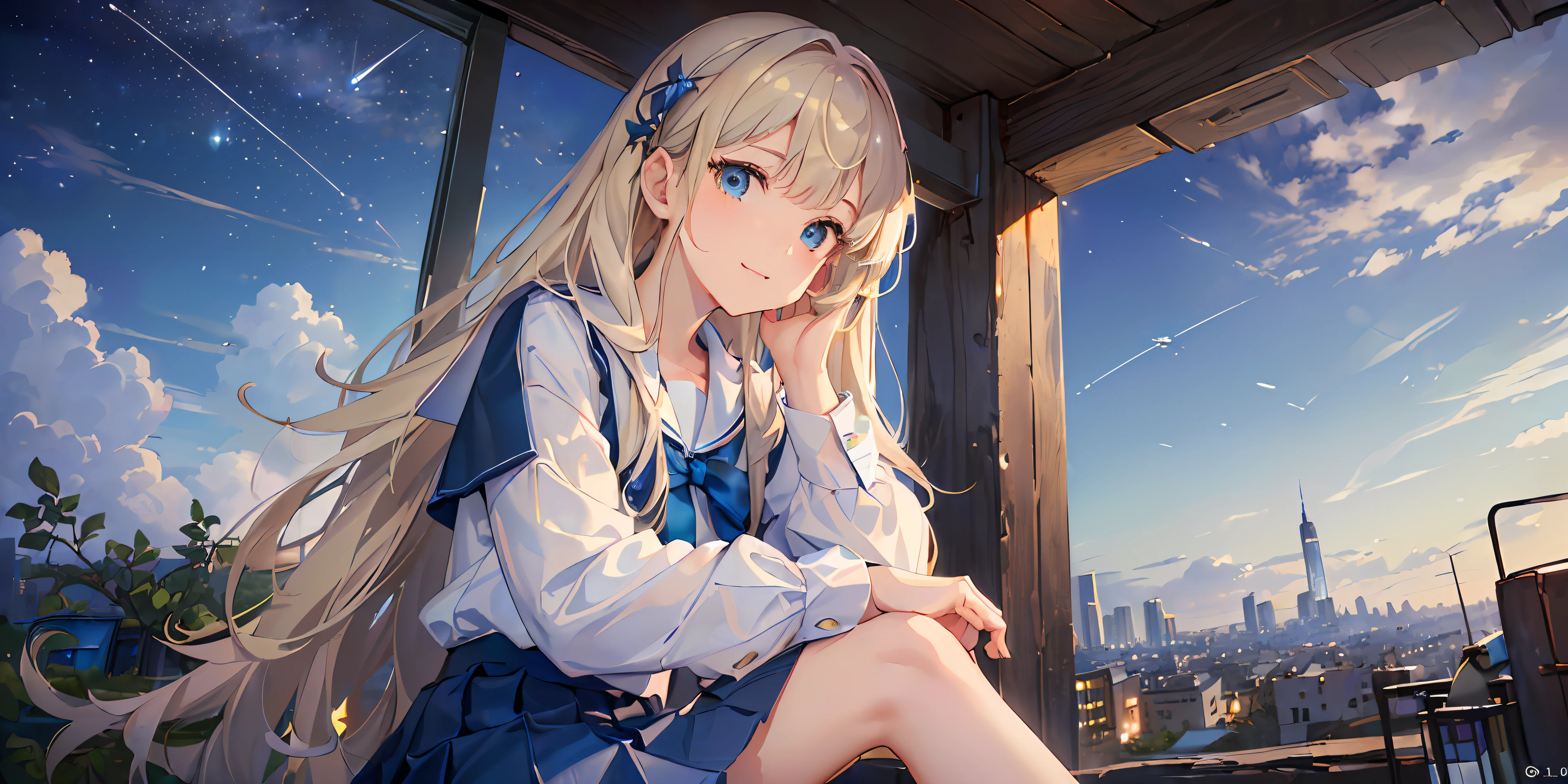 (((masterpiece: 1.5, best quality, high resolution: 1.3, super resolution, super detailed, ultra detailed:1.3, rich background:1.2))), ((close up)), 1girl, solo, green eyes, blonde long hair tied with blue ribbon, blunt bangs, cute hairpin, school uniform, white serafuku, red sailor collar, short sleeves, blue pleated skirt, (outdoor), ((sitting on the edge of cliff)), (on top of hill), ((city scenery behind: 1.3)), scenery, ((nighttime)), dark, (lowlight: 1.1), moon, (moonlight: 1.2), ((dynamic light: 1.4)), sky (falling meteors: 1.5)