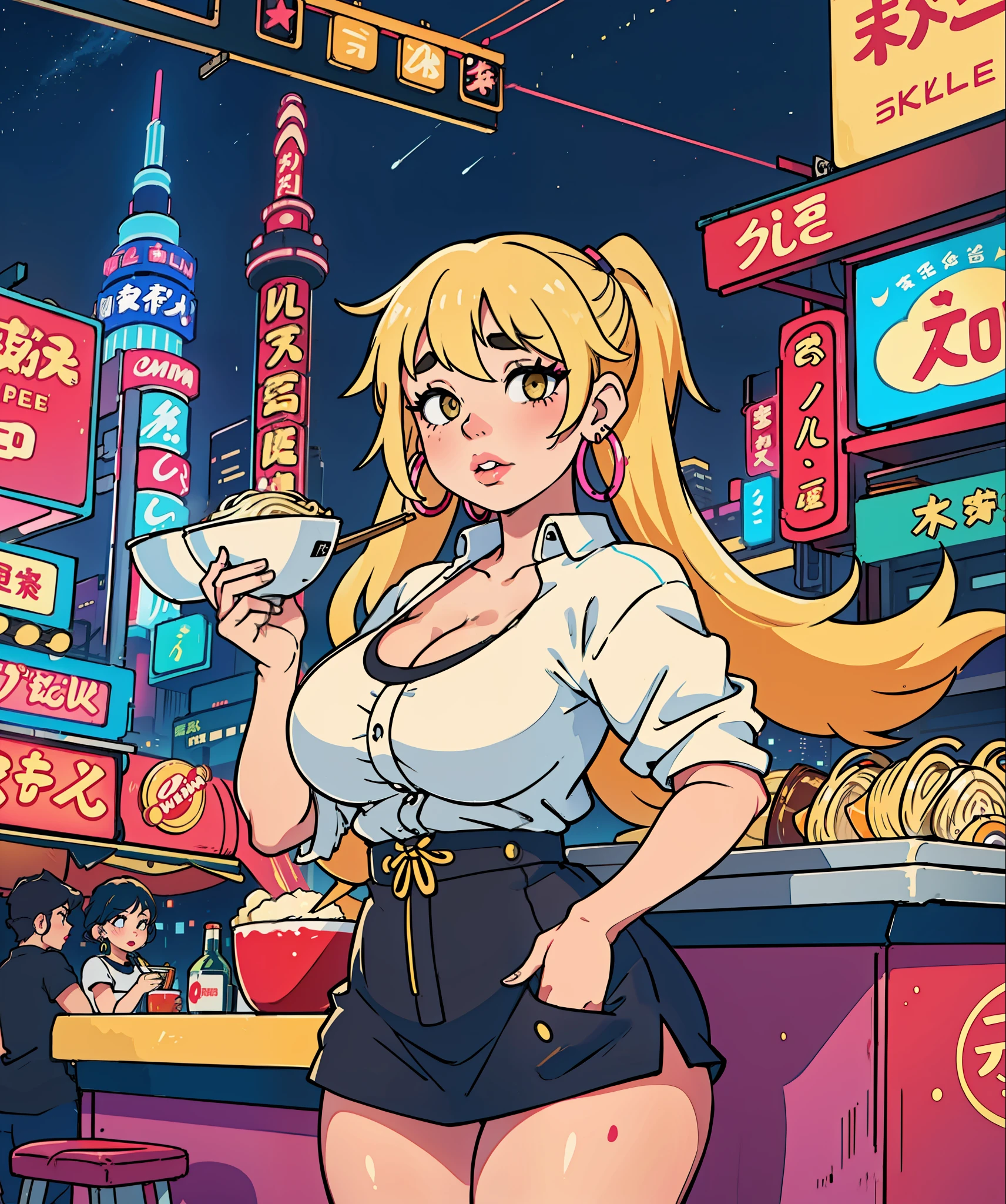 1girl, (((bimbo))),(hoop earrings, puffy lips, painted lips, thick lips.:1.2)
blonde hair, short twintails, wide hips, thick thighs, bursting breasts Nightlife, Night city, Cyberpunk city, futuristic cityscape. Neon lights, (skyscraper:1.1), Tokyo tower, palm tree, cloth sign, ramen stall, night club. bright city lights, exotic car. alcohol, bar, ramen, soup stall ,alcohol bottles,
