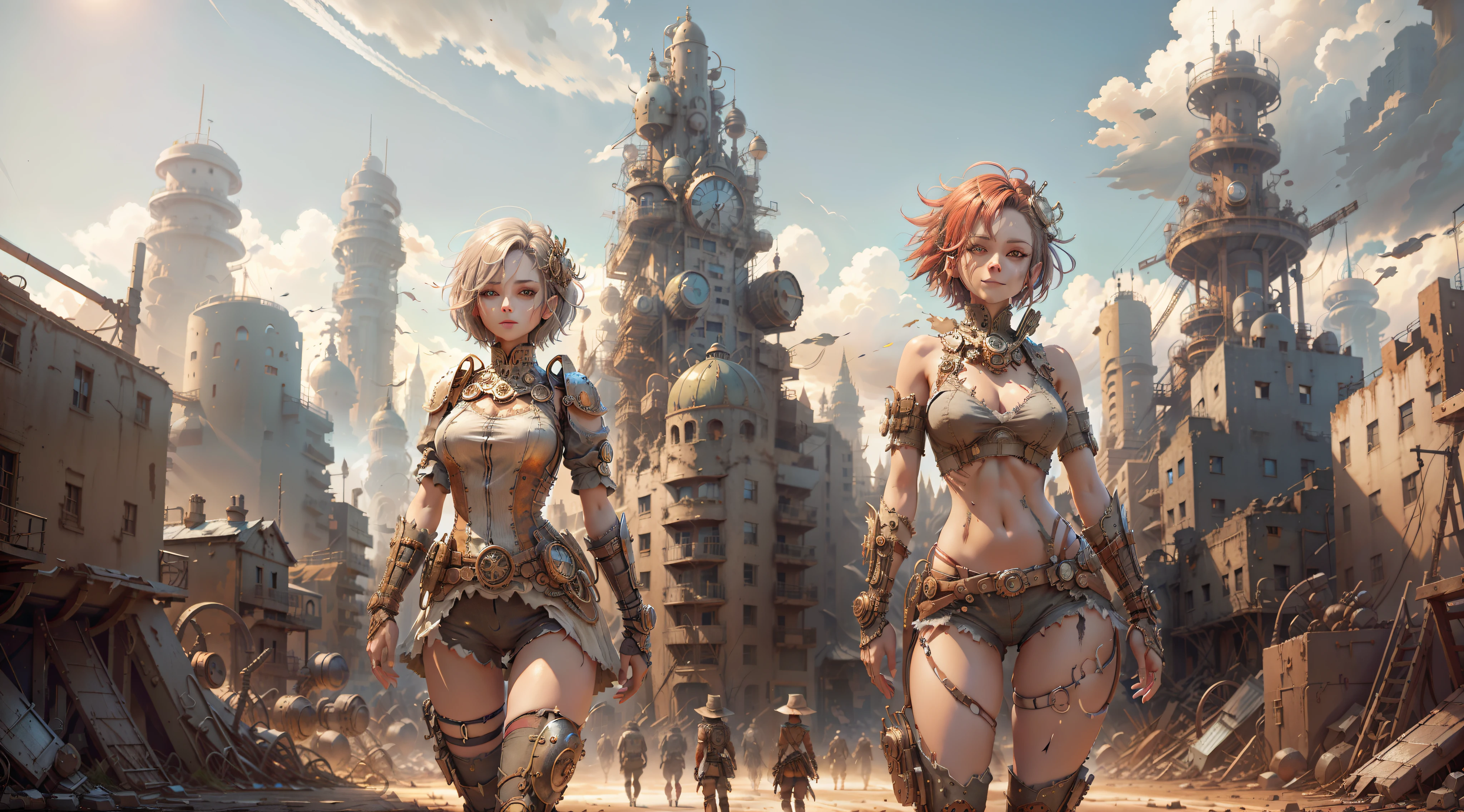 Gray sky, on the battlefield, city ruins in the distance, dilapidated buildings, (anatomically correct), (2 women), short hair, (torn clothes: 1.2), (red glowing eyes: 1.2), broken headdress, extremely detailed face, ((smile)), looking up at the camera, [full body | half], HDR, dramatic, cinematic lighting, (realism: 1.4), absurd, surrealism, steampunk, intricate design, exquisite details, best quality, rich colors,