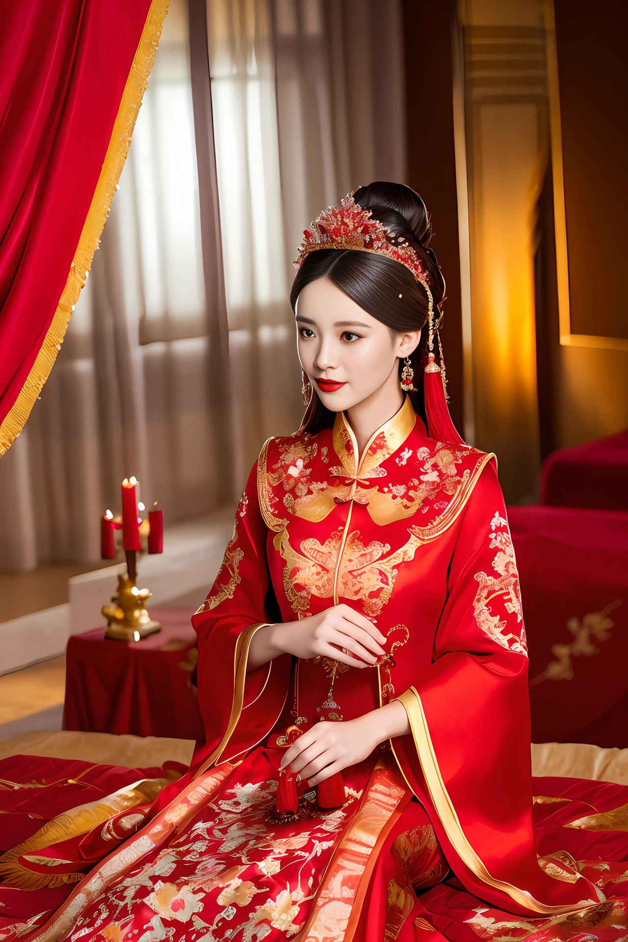 (best quality:1.1) ,(photorealistic:1.1), (photography:1.1), (highly detailed:1.1), a woman in a red and gold dress with a tiara on her head, hair stick,(sitting on red bed),blush,shy,black_hair, crown,looking down, (2 red candles), chinese_clothes, curtains, earrings, hair_ornament, hanfu, indoors, jewelry, long_sleeves, red dress, red lips, tassel, (Red quilt),(red palace:1.2),