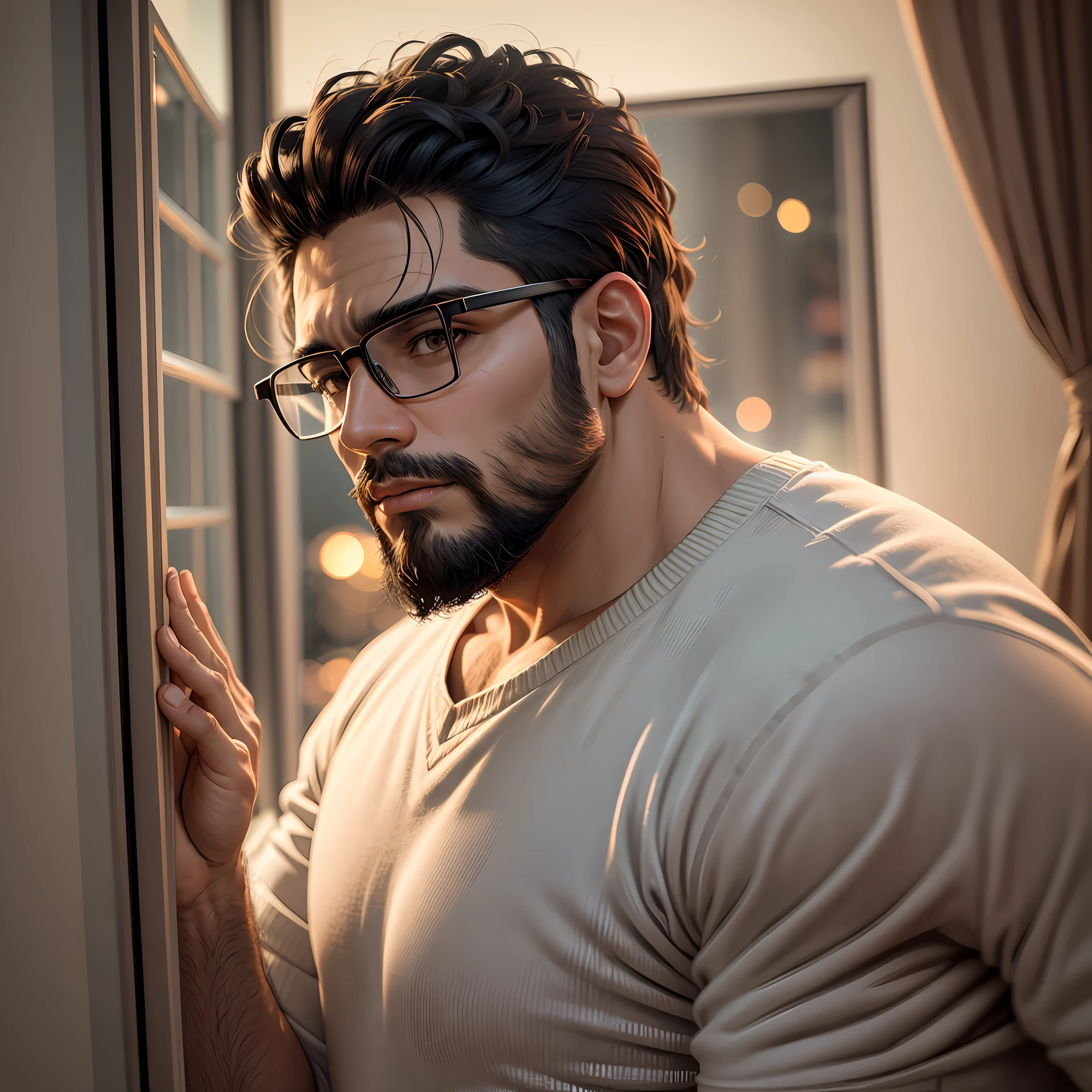 create an image of a medium height Hispanic man with a beard and prescription glasses in a bedroom looking out the window at night --auto --s2