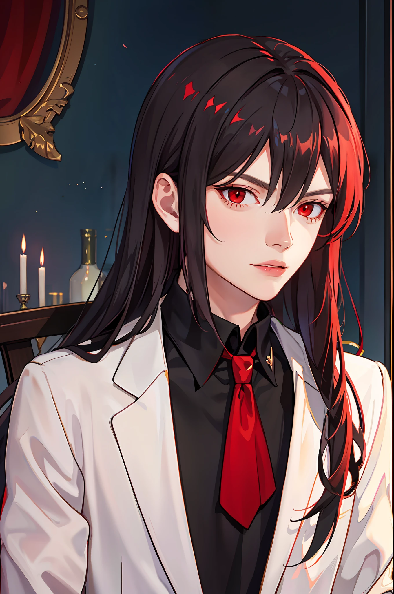 Portrait of a young vampire, (male)), red eyes, long dark hair, dark clothes