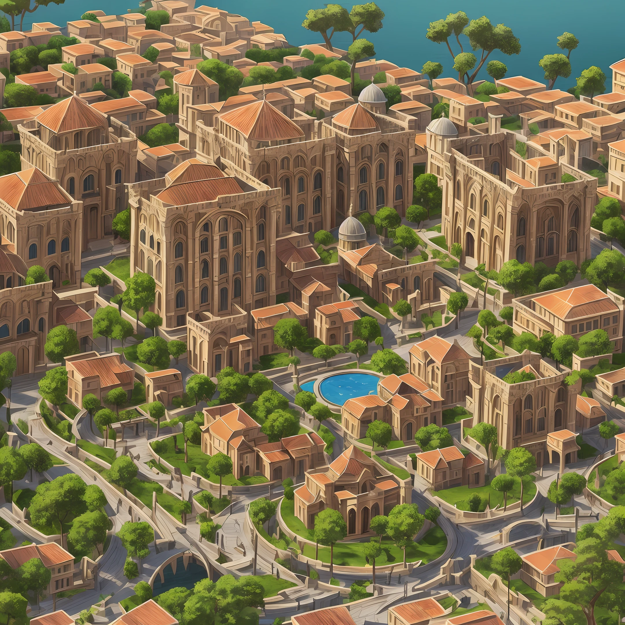 In style of dreamworks, ancient constantinople with downtown area made of wood and stone architecture, with plants and trees --auto --s2
