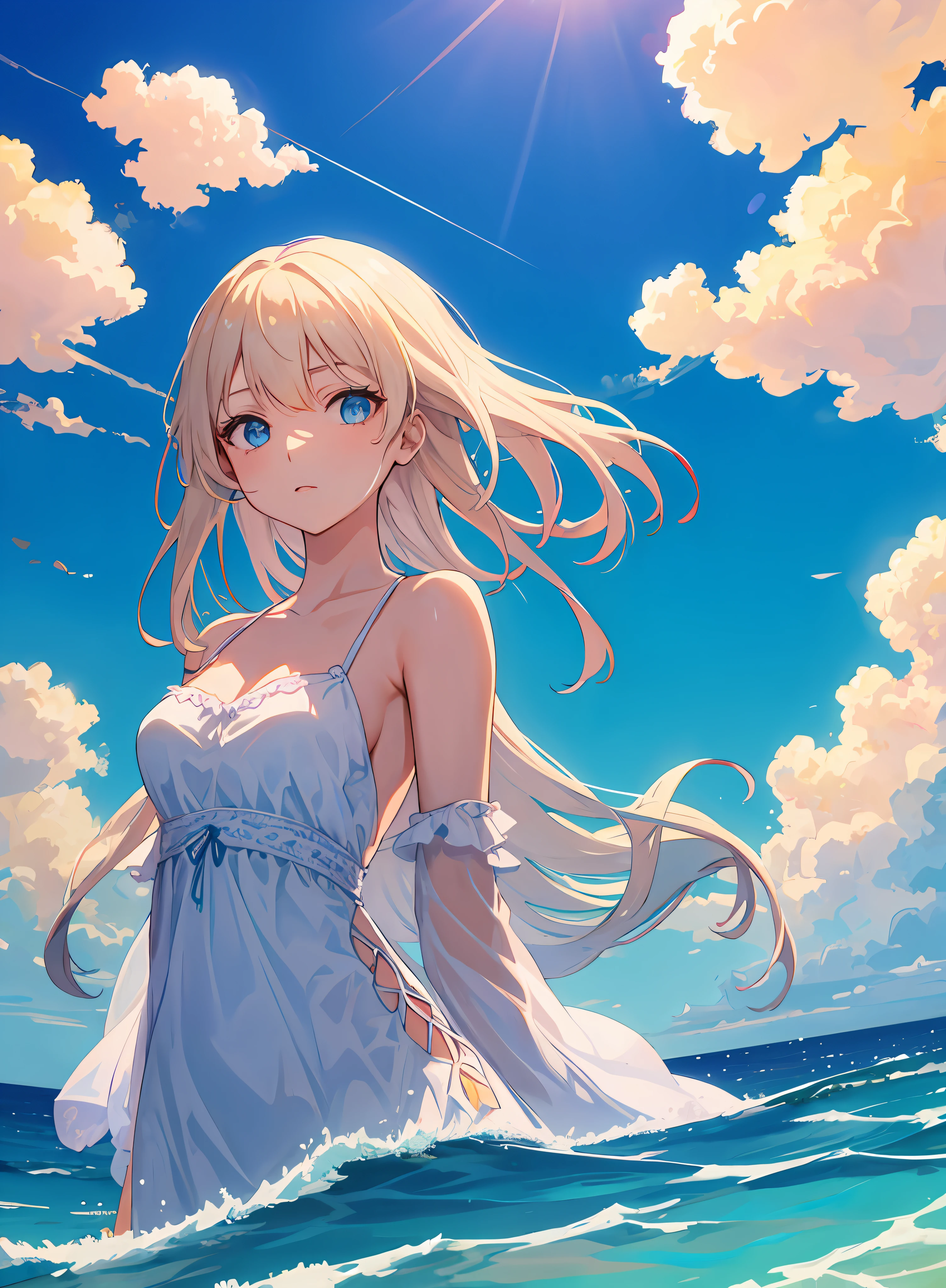 fantasy, (upper body:1.2), (from below:1.3), 191971 dress, backless dress, (long dress:1.2), very long hair, breasts, bare shoulders, sky, ocean, water, looking at viewer, italian, head tilt, wind, cloud, sunlight, outdoor, 1girl, solo, BREAK,