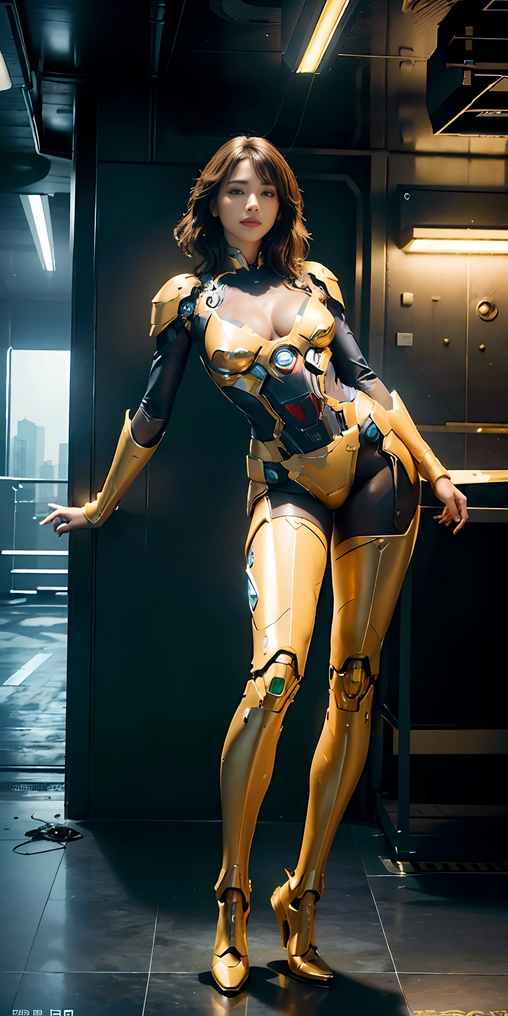 RAW, masterpiece, ultra fine photography,, best quality, ultra high definition, photorealistic, sunlight, full body portrait, stunningly beautiful,, dynamic pose, delicate face, brilliant eyes, (front view,full body), she wears a futuristic Iron Man mecha, blue and gold yellow and green color scheme, highly detailed starfleet background, detailed face, detailed and complex busy background, messy and gorgeous, Lush plump breasts, High Detail Skin, Realistic skin details, Visible pores, Sharp Focus, Volumetric Fog, 8K UHD, DSLR Camera, High Quality, Film Grain, Fair Skin, Photorealism, Lomography, Futuristic Dystopia, Vast metropolis, View from Below, Translucent