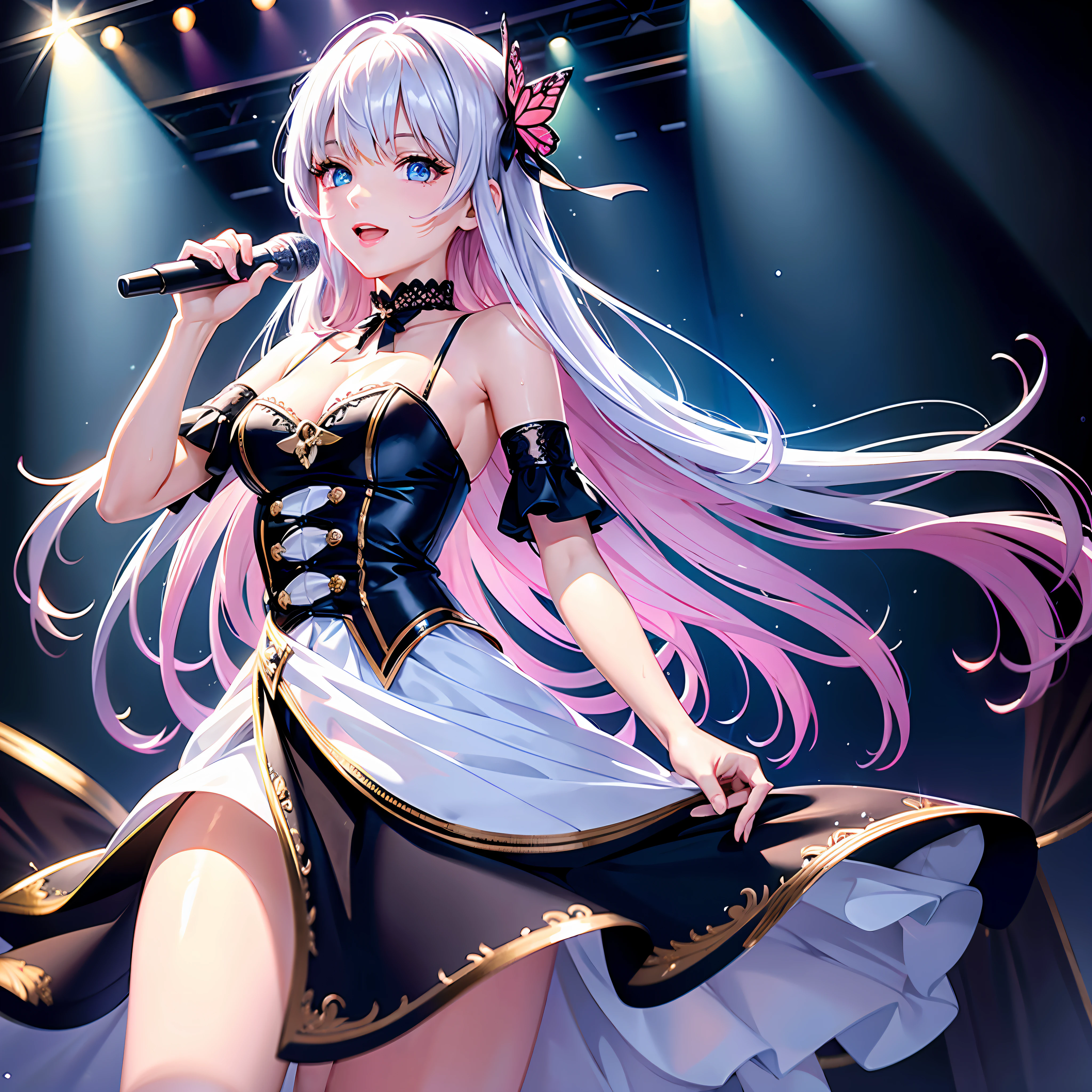Illustration, cinematic light, high resolution, best quality, ultra detailed, detailed face, (detailed eyes), highest quality, super detailed, masterpiece, (detailed face), pretty face, best smile, sexy mature woman transparent (white and red goth costume: 1.5), ultra detailed embroidery, cloth, choker, open cloth, NSFW, high heels, blue eyes, neon small shiny hair ends, D cup, cleavage, AI fantasy concert, shining lighting with neon details, idol, (live stage: 1.15), (singing holding the microphone with left hand: 15), singing with butt sticking out: 5, (to a packed audience in the background), light reflection, heart-shaped iris, playful eyes, open shoulders, (wet body), small glowing butterfly, hair jewelry, panties, cute string white panties with ribbon: 1.5