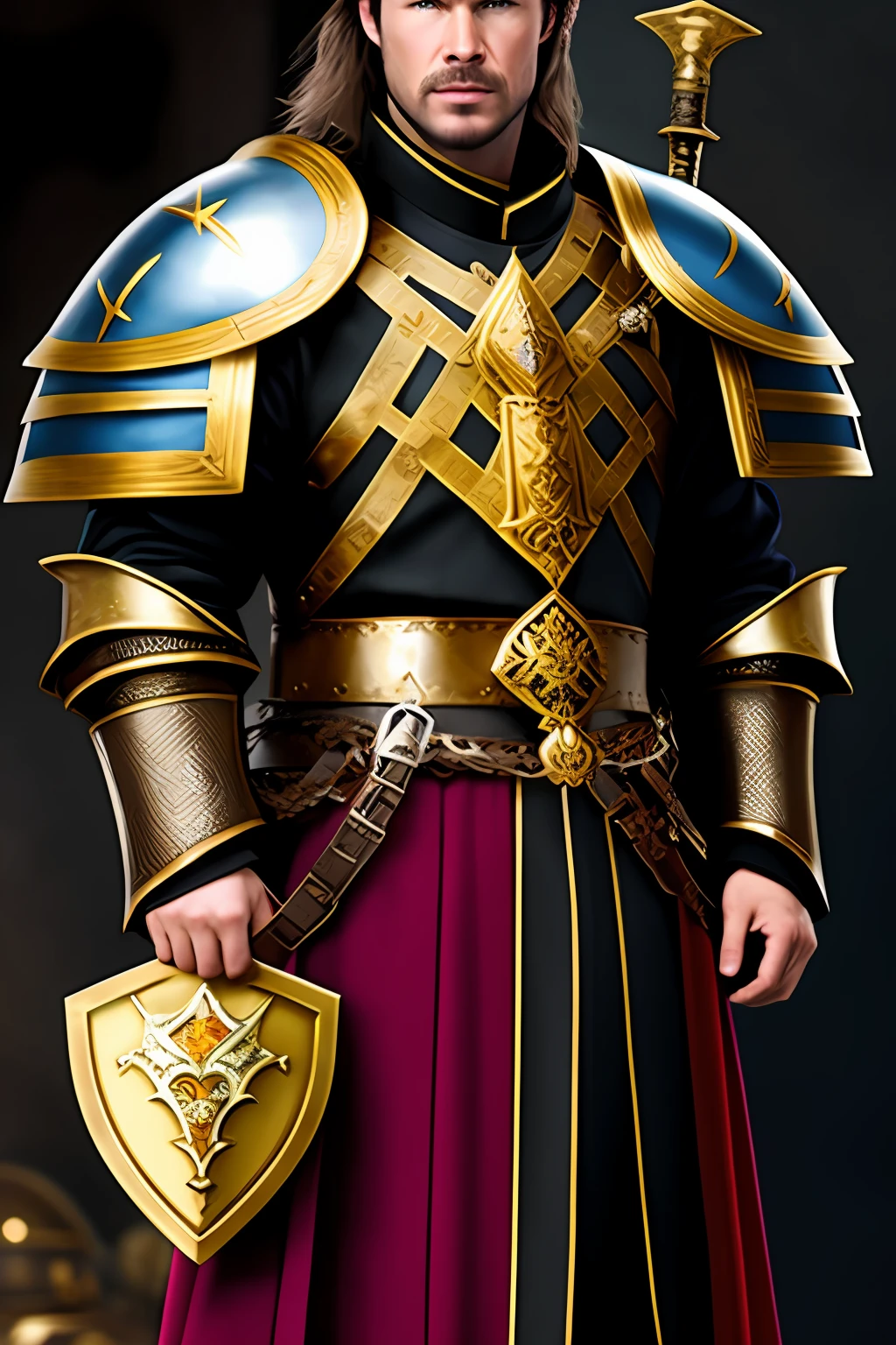 Man looking like Aiden Gillen and Chris Hemsworth, in a Byzantine noble warrior outfit, using an outstanding gauntlet on the left arm and a war hammer on the right hand, no helmets.