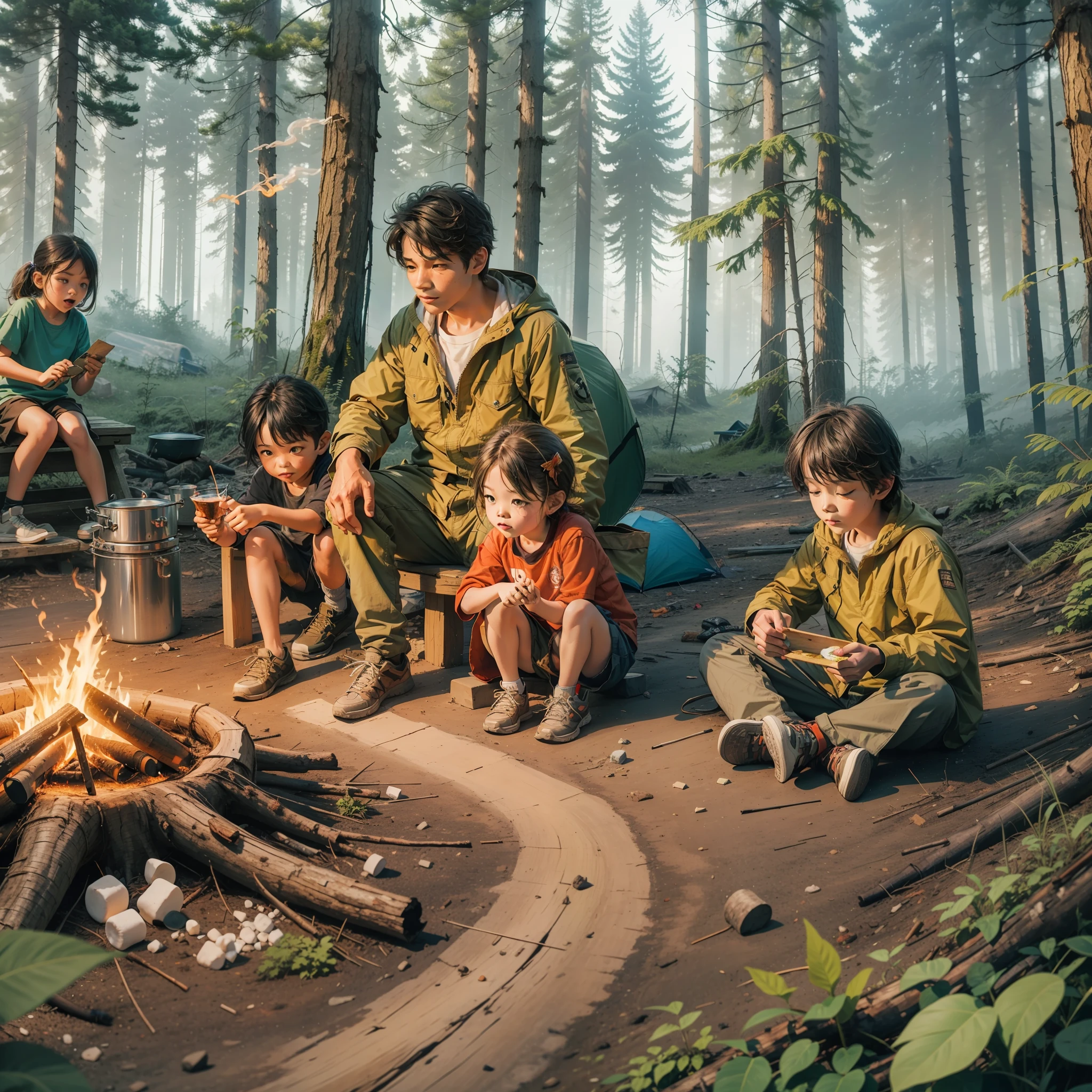 Camping site, kids playing, campfire, sitting on a log, stones, forest, woods, smoke, barbecue, Marshmallows are roasted over the fire