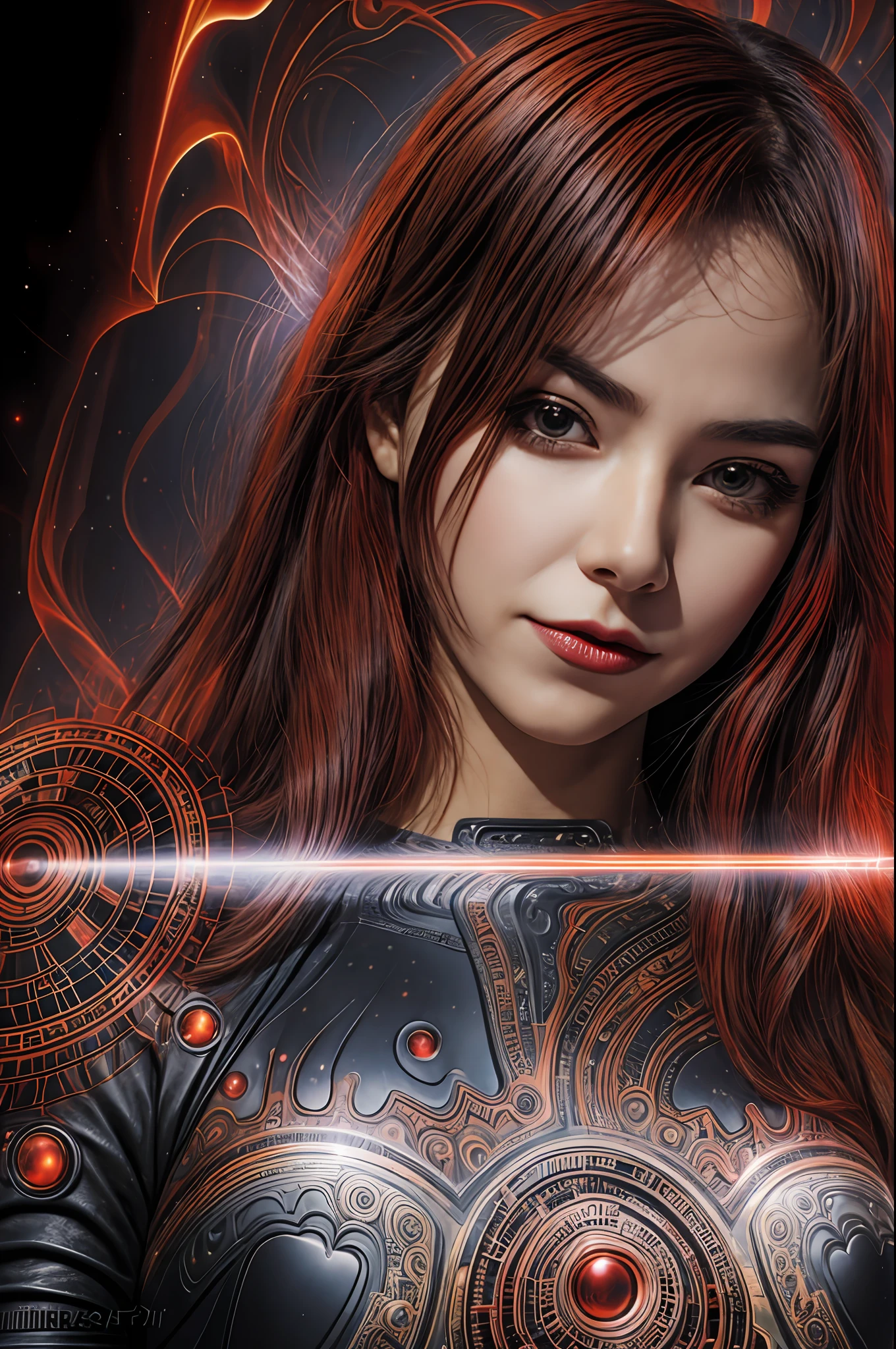 a woman, (wearing black and red supergirl_cosplay_outfit made_of_fractals:1),(fractalized, fractal_body:1.3), good hand, 4k, high-res, masterpiece, best quality, head: 1.3, ((Hasselblad photography)), finely detailed skin, sharp focus, (cinematic lighting), night, soft lighting, dynamic angle, (detailed face without mask: 1.2), ((city environment)),