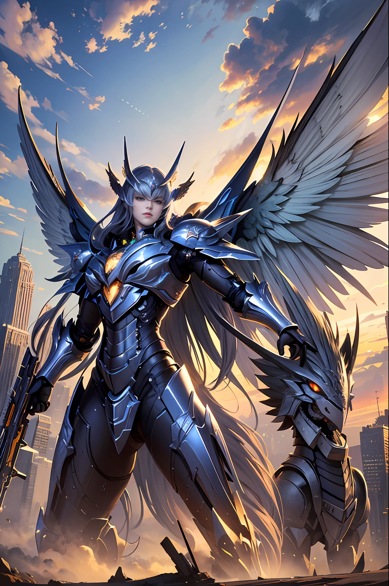 (masterpiece, best quality:1.3),extremely high detailed, intricate, 8k, HDR, wallpaper, cinematic lighting, sky, flying, holding weapon, glowing, armor, glowing eyes, mecha, realistic,mecha, large wings,