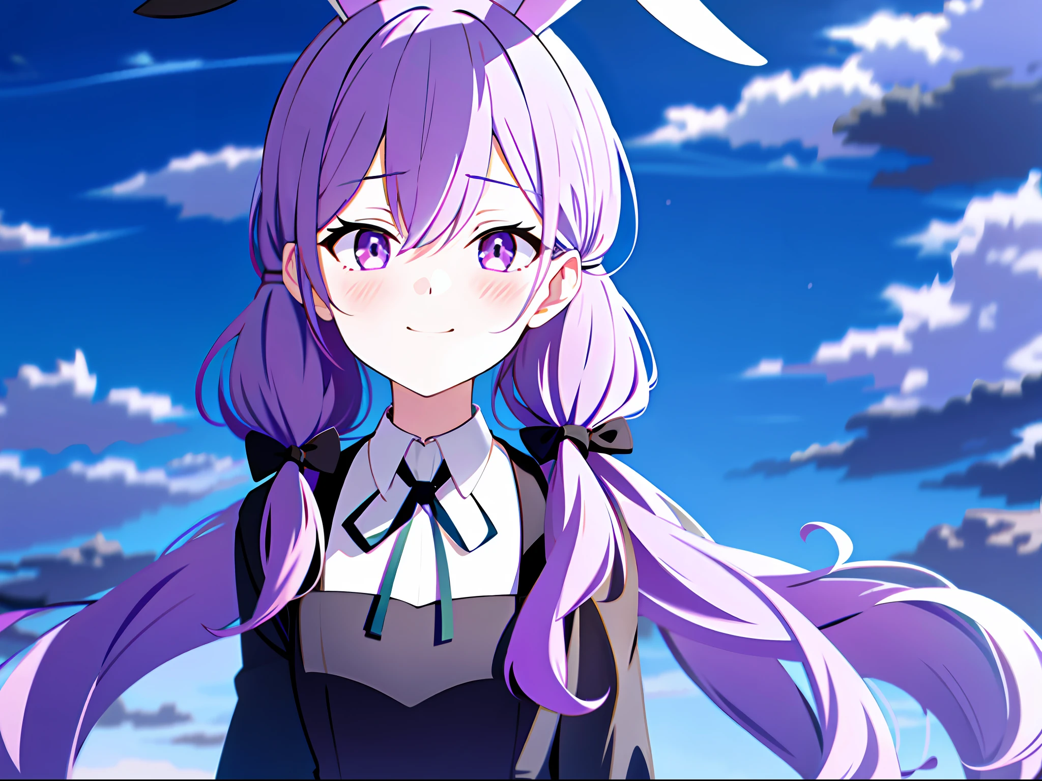 1girl, solo, purple_eyes, smile, animal_ears, light_purple_hair, wavy_hair, looking_at_viewer, outdoors, rabbit_ears, upper_body, bangs, blush, closed_mouth, low_twintails, day, blue_ribbon, fake_animal_ears, blurry_background, sky, blurry, black_dress, cloud, hair_ribbon, night, neck_ribbon,