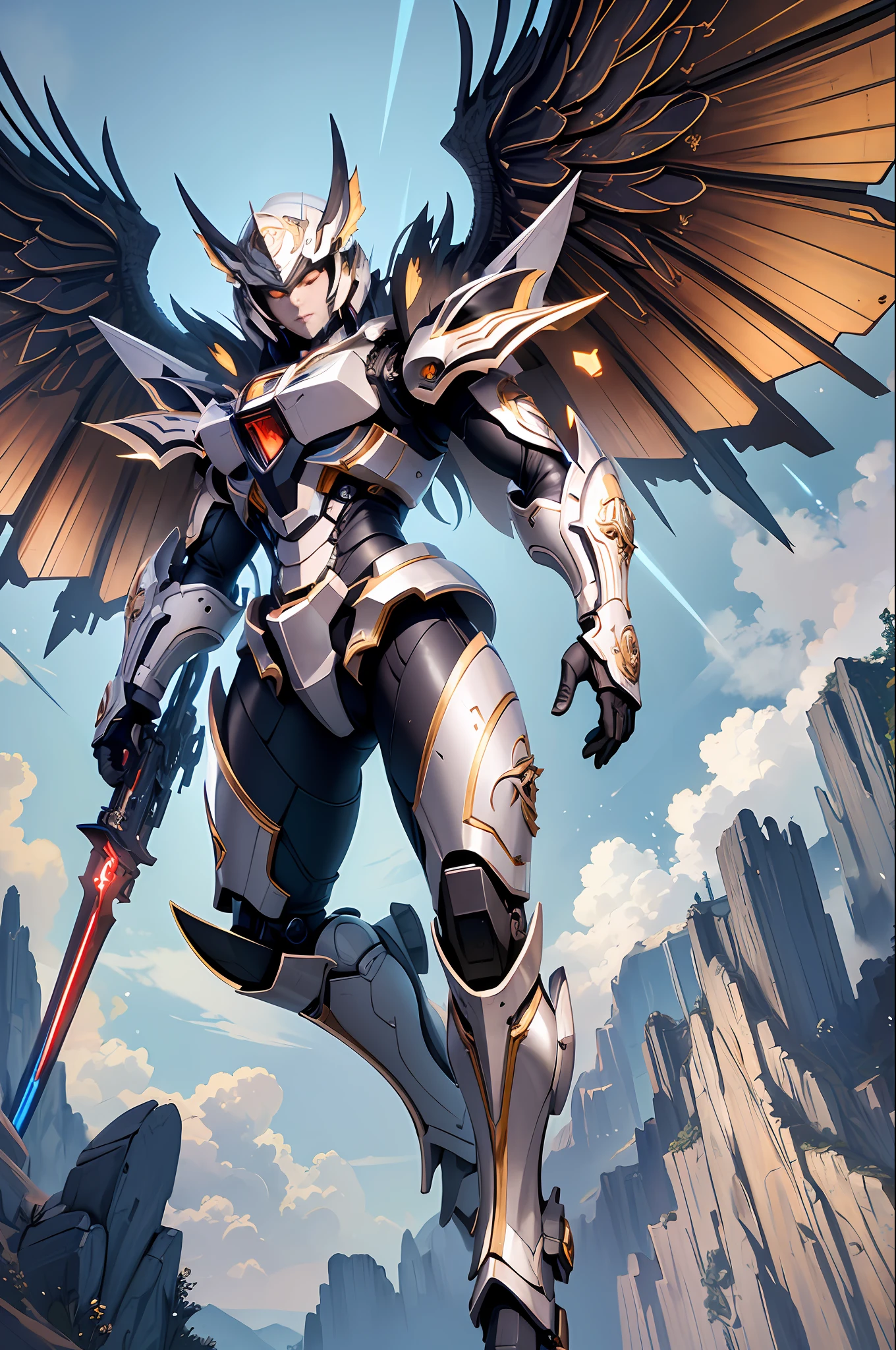 (masterpiece, best quality:1.3),extremely high detailed, intricate, 8k, HDR, wallpaper, cinematic lighting, sky, flying, holding weapon, glowing, armor, glowing eyes, mecha, realistic,mecha, large wings,