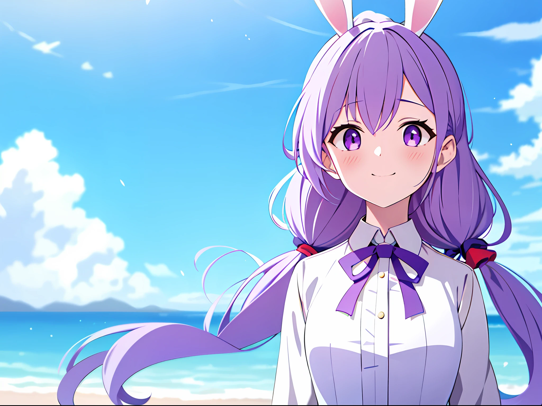 1girl, solo, purple_eyes, smile, animal_ears, light_purple_hair, wavy_hair, looking_at_viewer, outdoors, rabbit_ears, upper_body, bangs, blush, closed_mouth, low_twintails, day, blue_ribbon, fake_animal_ears, blurry_background, sky, blurry, white_dress, cloud, hair_ribbon, blue_sky, neck_ribbon,