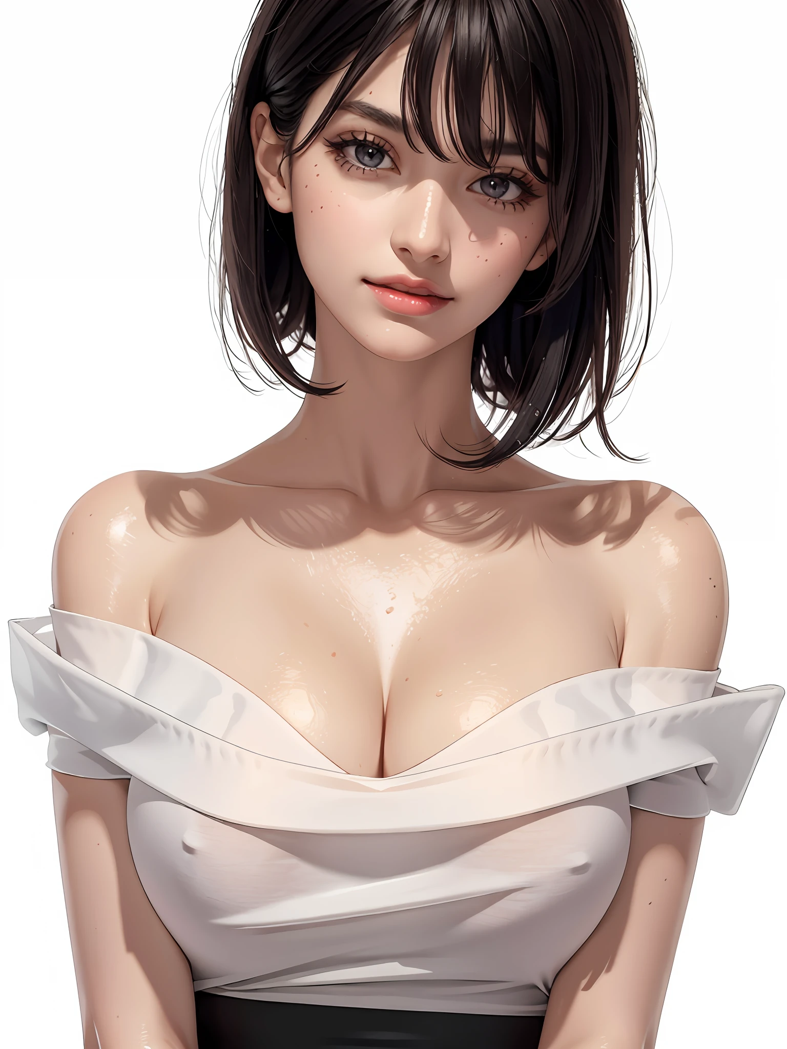 Fit Body, Masterpiece, Best Quality, Lisa, Girl, Symmetrical Face, Detailed Cleavage View, Tote Shirt, Orchan, (PureErosface_V 1:0.7), Wet Skin, Blush (Best Quality, 8k, 32k, Masterpiece, UHD:1.2), Cute Japan Woman Pictures, One Girl, (Big), (Tall Woman), (Abs) , (lips), closed mouth, (medium short), double eyelids, wet skin, only one very beautiful woman, very sexy body, gaze staring directly at the camera, golden ratio face, golden ratio body, big breasts looking directly at the camera, non-part-time sexy expression, chest between arms to create cleavage, chest closer, coquettish smile, very happy smile, skin luster, Big eyes, highlights in the pupils, distinct double eyelids, eyelashes, long neck, beautiful short hair, glossy dark black hair, bangs, pure white background, empty background, crystal clear white off-shoulders, clothes that seem to be visible but not visible, overwhelming charm