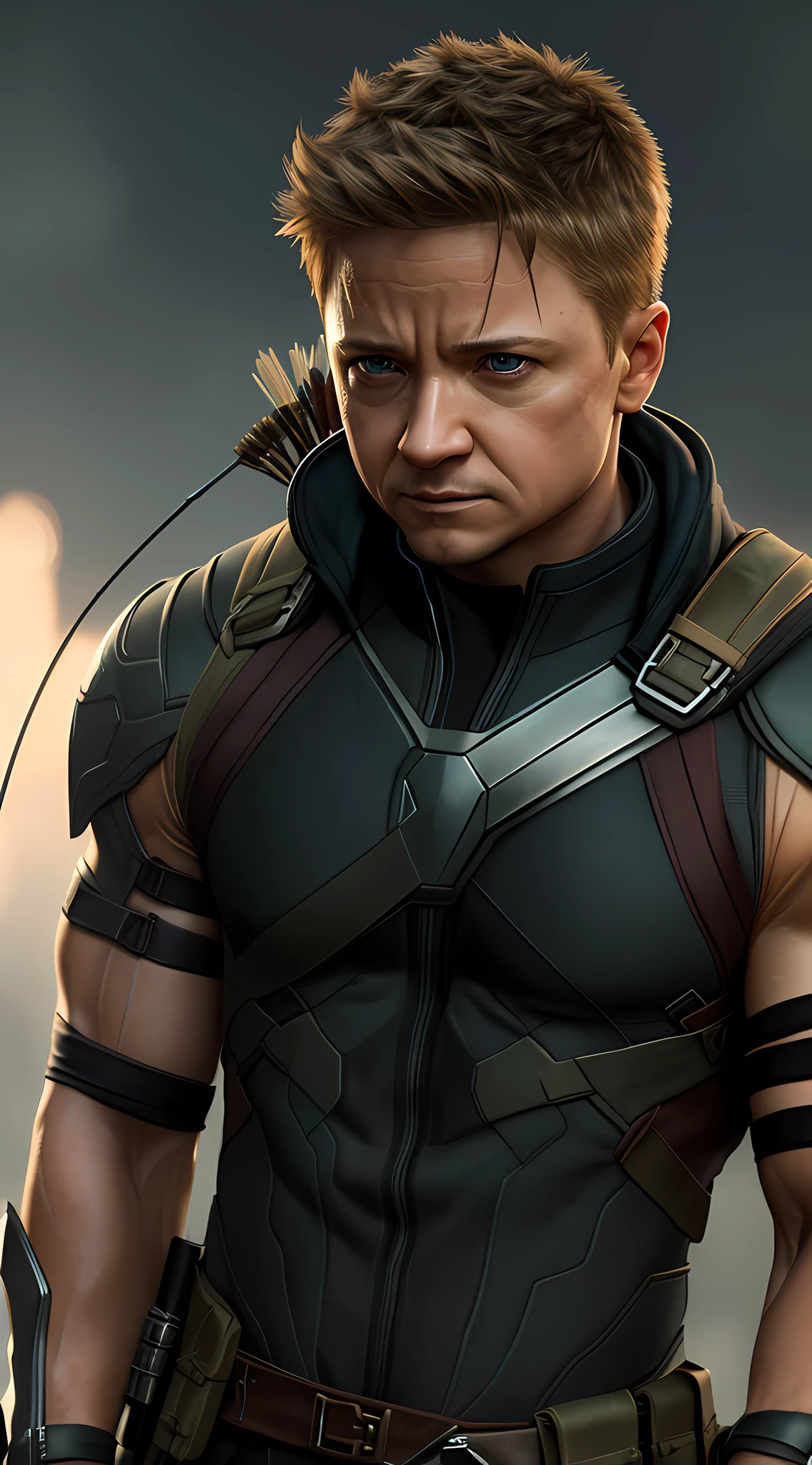 (capture the heroic aura and Hawkeye of Jeremy Renner), (photorealistic), (soft and cinematic lighting), (ultra-realistic details), (ultra-high definition, 16k resolution), (high-quality texture of Octane), (trend in ArtStation), using his bow and arrow.