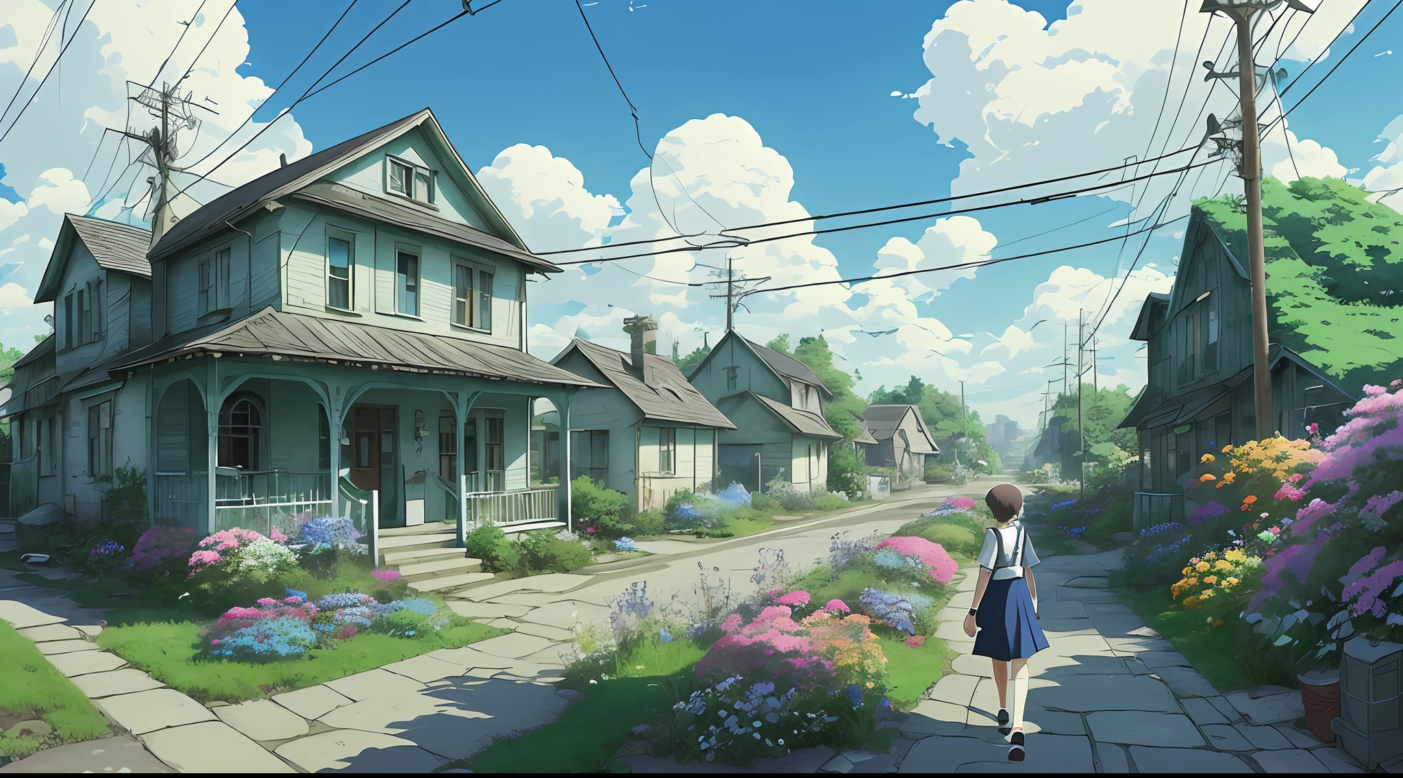 Very cozy little place, hyperrealism, (anime Makoto Shinkai: 0.4), old shabby house on the street of the city, house wiring, outdoor, sky, clouds, day, landscape, tree, blue sky, buildings, signs, wires, railings, wide shots, telephone poles, town, wilderness, flowers, lots of tools lying in chaos, 22 year old girl is strolling