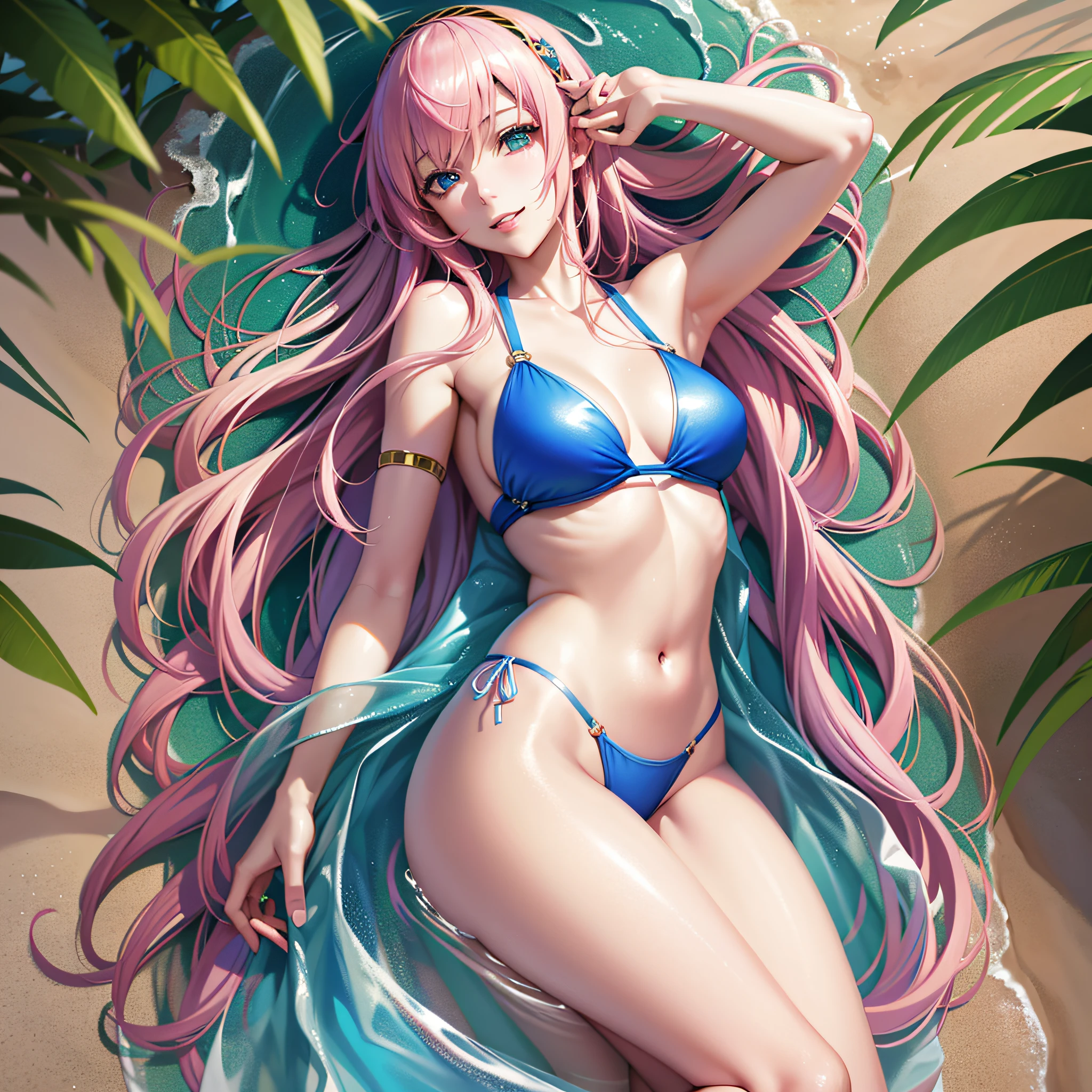 pale tones, photorealistic, beautiful attractive anime girl, super detailed, smile, beautiful blue eyes, beautiful style, megurine luka, pink hair, slender, gentle look, slender, (seductive anime girl), full body, beautiful skin, sheer swimsuit, beach, idol,