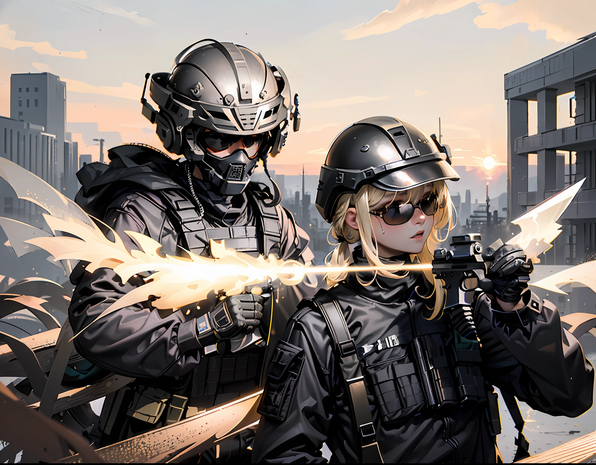 (8k, RAW photo, best quality, masterpiece:1.2), (realistic, photo-realistic:1.37), best quality, ultra high res sunset, back lights, light leaks,
1girl, (holding weapons, aiming at viewer, assault rifles:1.2), carbine, open fire, firing, perfect russian woman body, platinum blonde hair, long hair, (((nude))), (((black sunglasses))), (((tactical helmet))) (beautiful detailed eyes),(beautiful detailed face:1.2) outdoors, street, cityscape