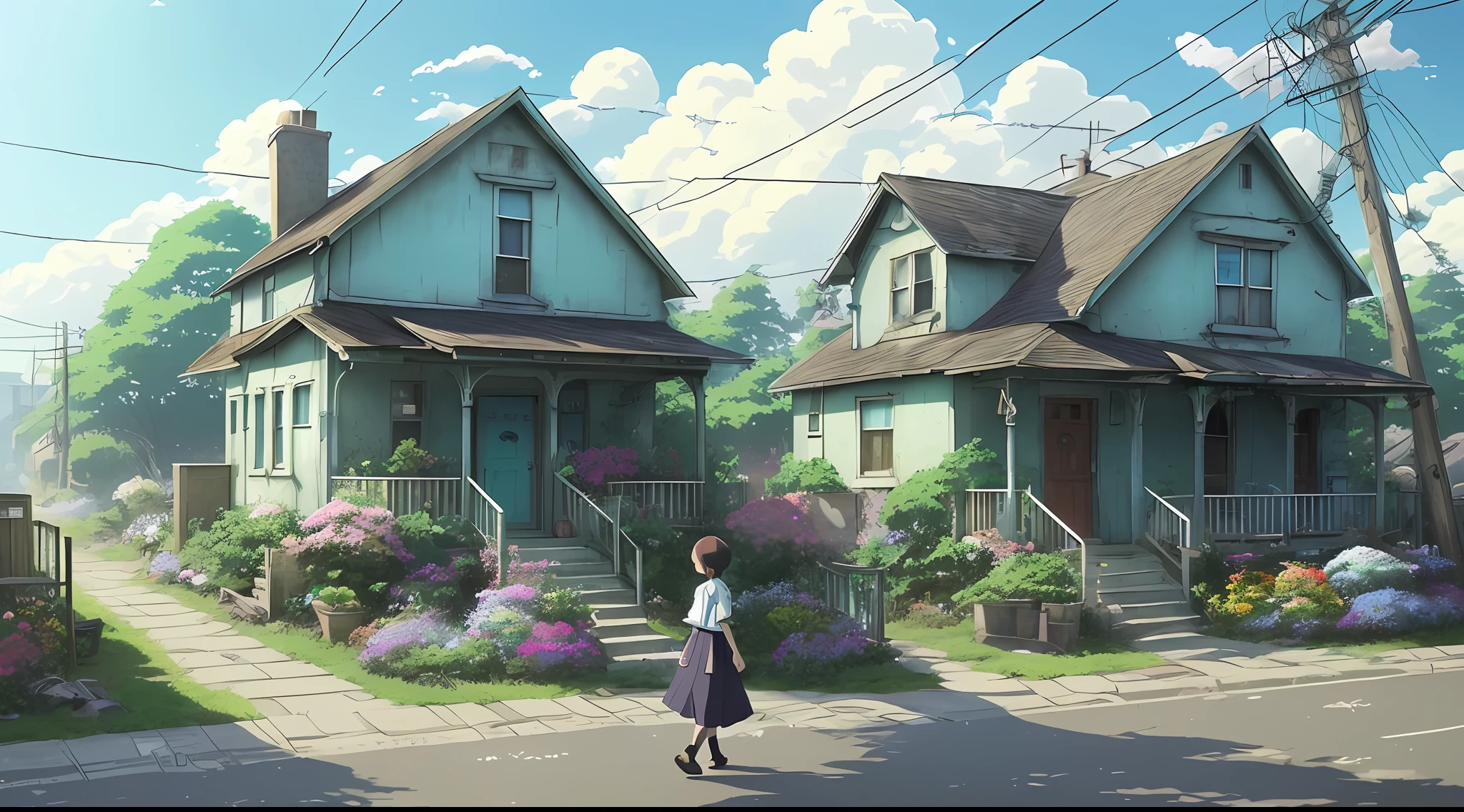 Very cozy little place, hyperrealism, (anime Makoto Shinkai: 0.4), old shabby house on the street of the city, house wiring, outdoor, sky, clouds, day, landscape, tree, blue sky, buildings, signs, wires, railings, wide shots, telephone poles, town, wilderness, flowers, lots of tools lying in chaos, 22 year old girl is strolling