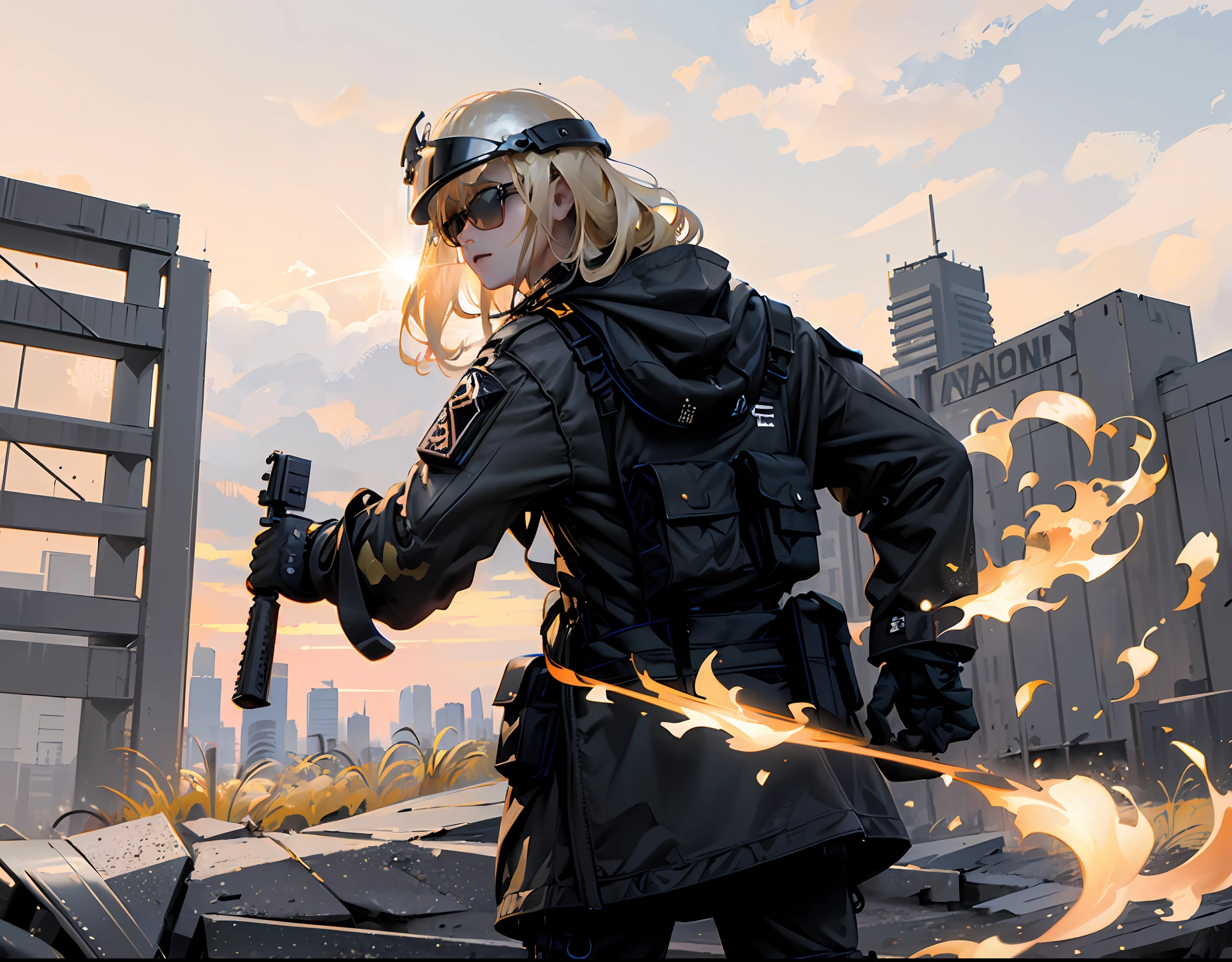 (8k, RAW photo, best quality, masterpiece:1.2), (realistic, photo-realistic:1.37), best quality, ultra high res sunset, back lights, light leaks, 

1girl, (holding weapons, aiming at viewer, assault rifles:1.2), carbine, open fire, firing, perfect russian woman body, platinum blonde hair, long hair,  (((nude))), (((black sunglasses))), (((tactical helmet))) (beautiful detailed eyes),(beautiful detailed face:1.2) outdoors, street, cityscape