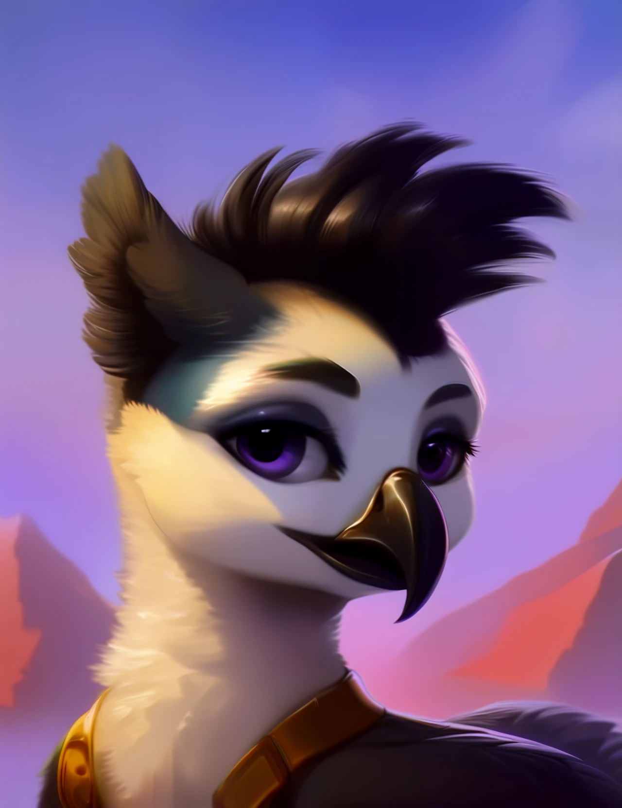 rating_safe, score_9, (feral griffon), female, white body, dark purple eyes, black hair, folded wings, mohawk, looking at you, black eye shadow, digital artwork, oil painting, soft shading, portrait