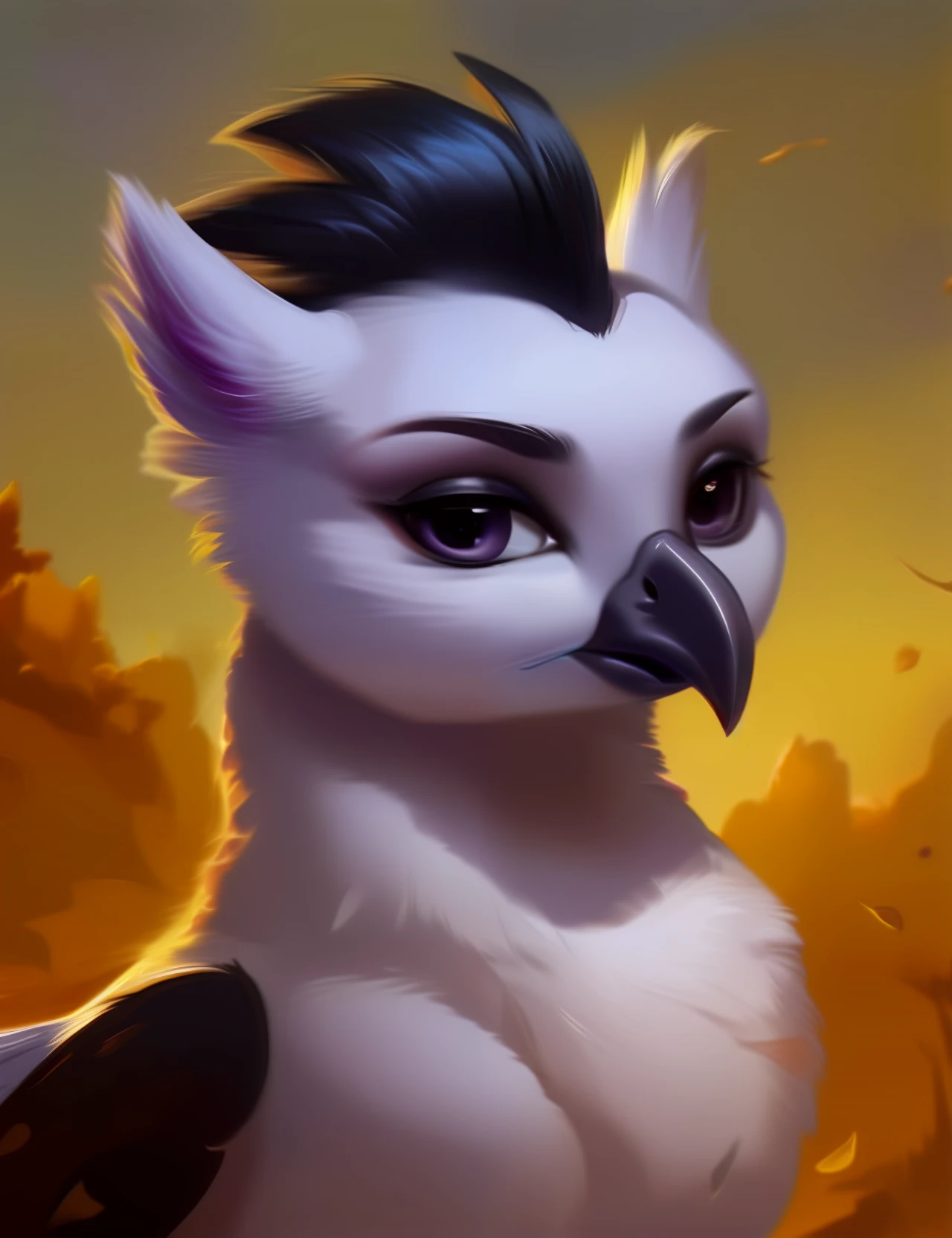 rating_safe, score_9, (feral griffon), female, white body, dark purple eyes, black hair, folded wings, mohawk, looking at you, black eye shadow, digital artwork, oil painting, soft shading, portrait