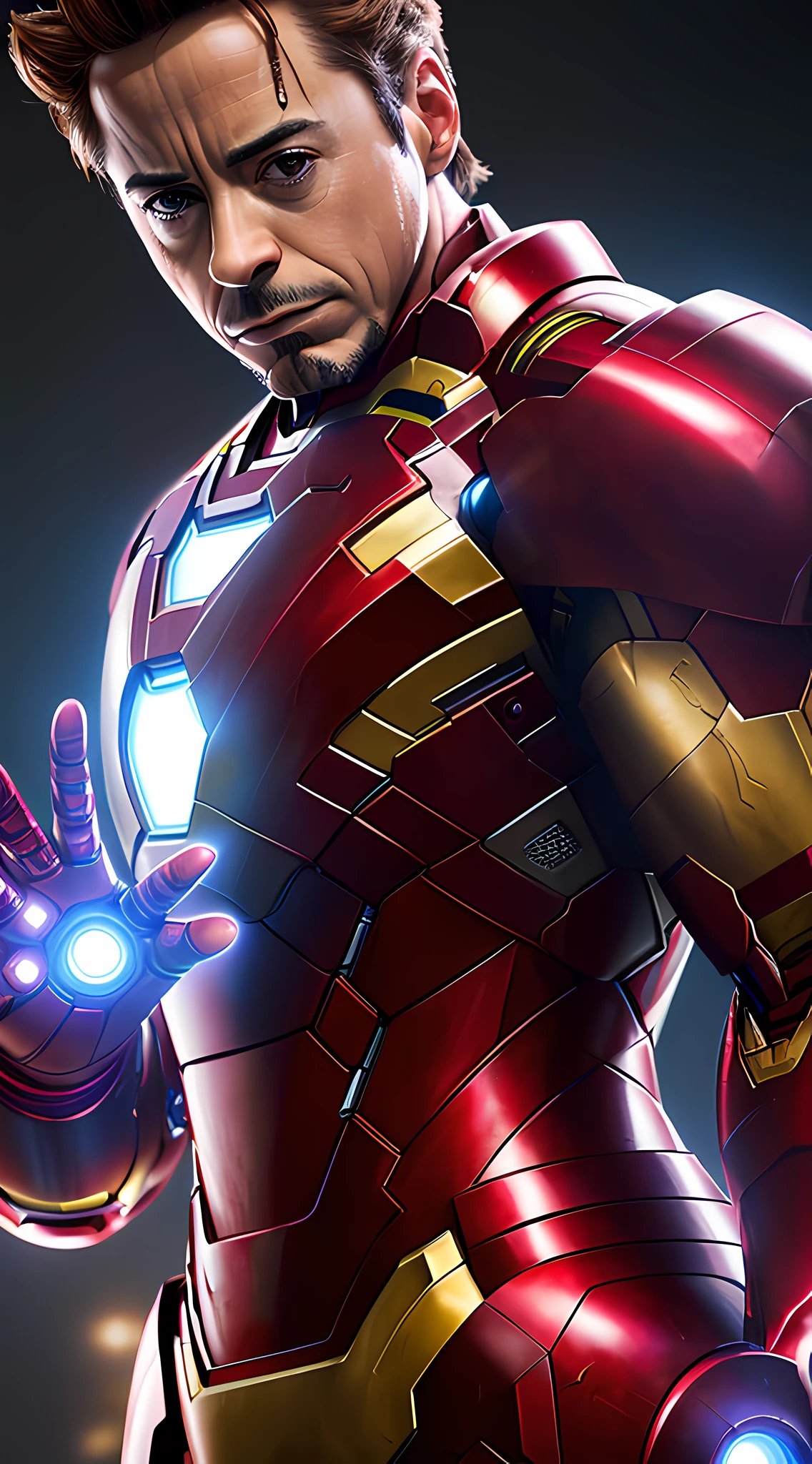 (capture Robert Downey Jr's heroic and powerful unbeatable Iron Man aura), (photorealistic), (soft, cinematic lighting), (ultra-realistic details), (ultra-high definition, 16k resolution), (high-quality octane texture), (trend in ArtStation) (eyes and face without deformities), using the infinity gauntlet.