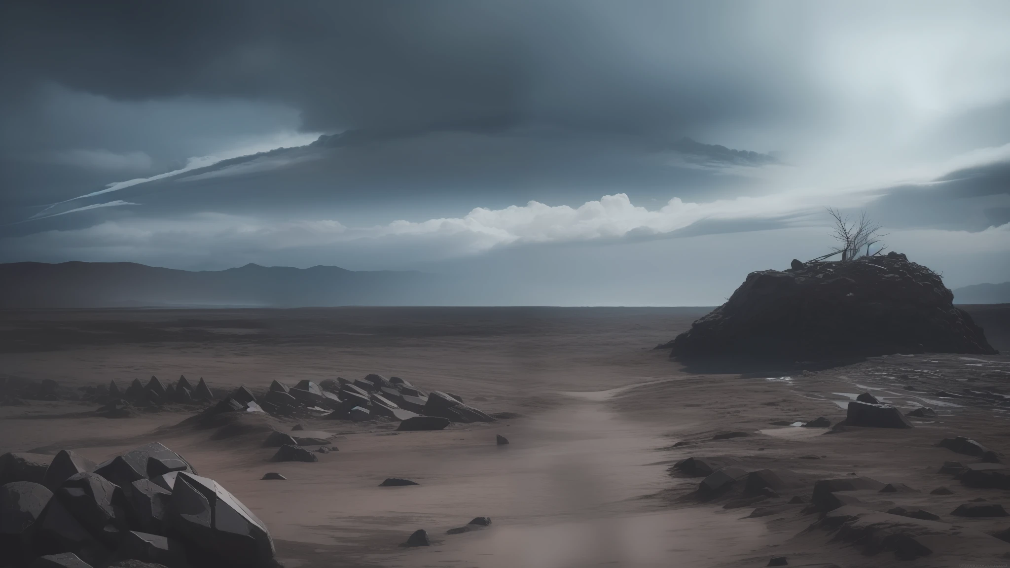 masterpiece, detailed, apocalyptic landscape, ground with some rocks, cloudy sky, many dark clouds, dark place, terror, free horizon, dark environment,
