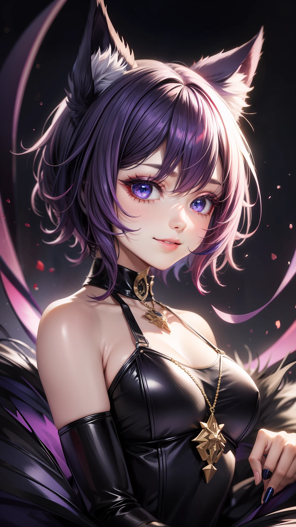 Fashionable girl, short purple hair, red strand, blue eyes, wolf ears and tail, black light beautiful dress, smile, masterpiece, high quality