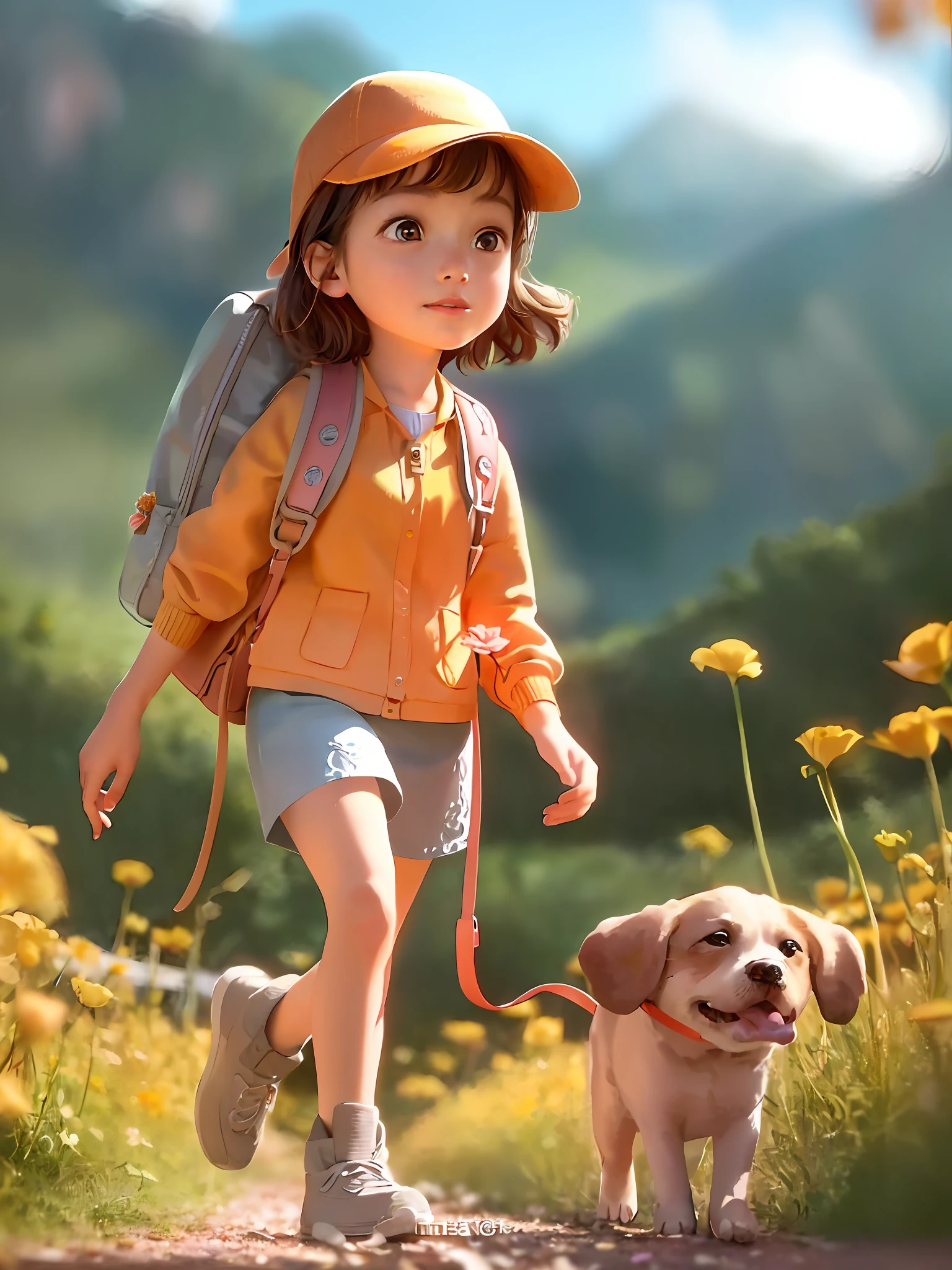 HD exquisite 4K quality, the theme is a little girl holding a flower, carrying a school bag and walking among the beautiful natural scenery and yellow flowers. The picture presents a detailed cartoon style, and the facial features of the little girl are very expressive.