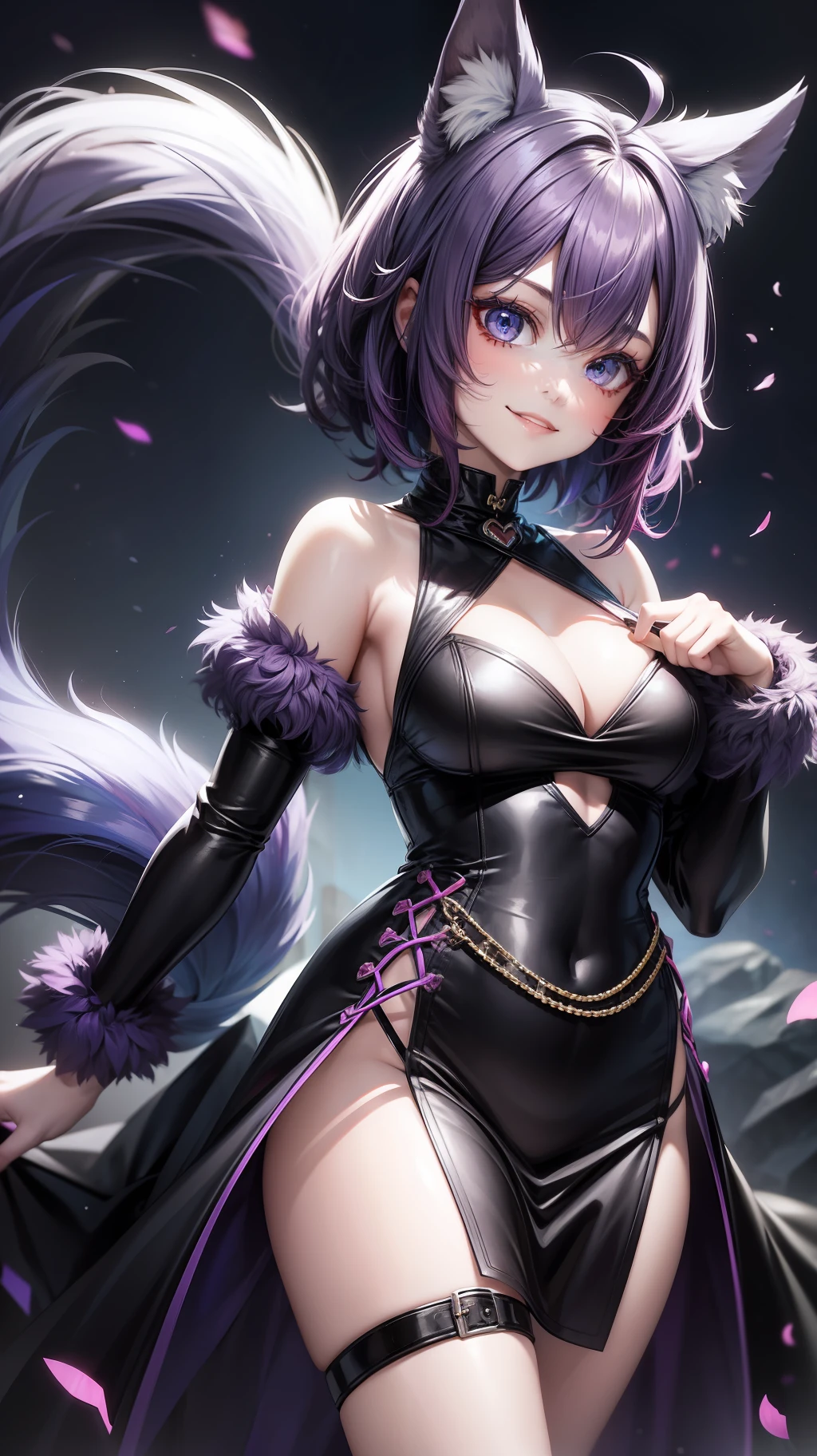 Fashionable girl, short purple hair, red strand, blue eyes, wolf ears and tail, black light beautiful dress, smile, masterpiece, high quality