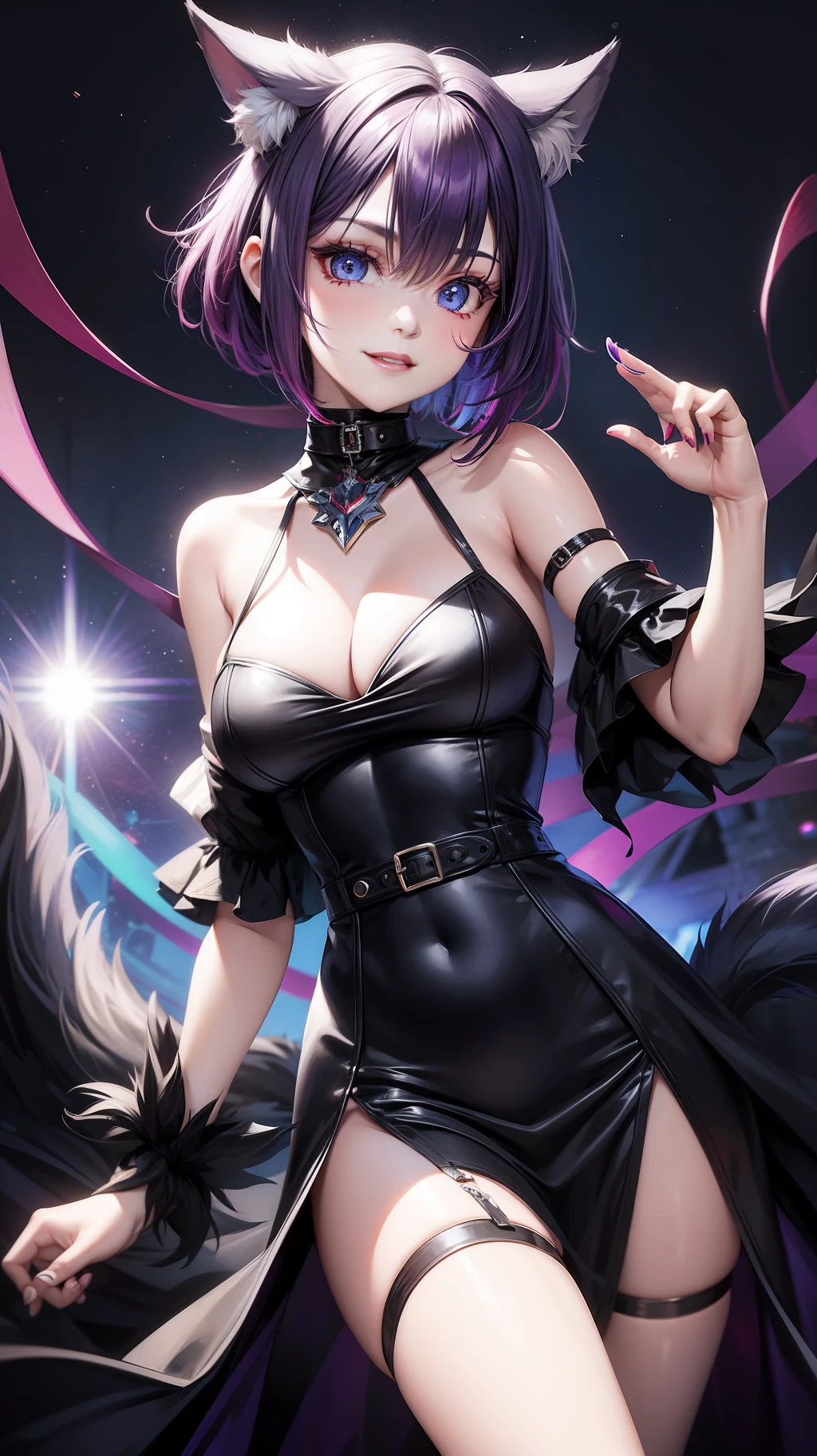 Fashionable girl, short purple hair, red strand, blue eyes, wolf ears and tail, black light beautiful dress, smile, masterpiece, high quality