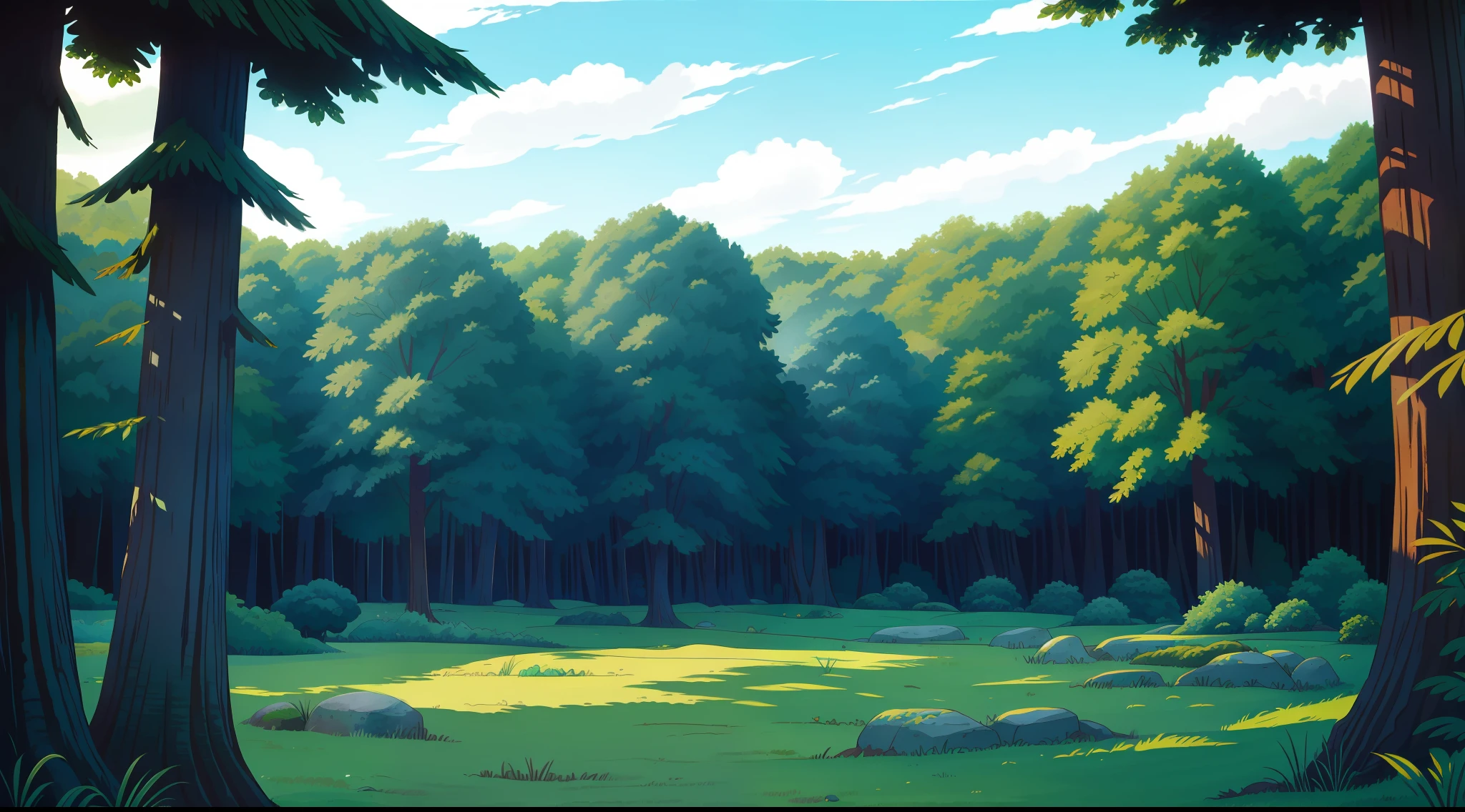 Natural landscape painting style, verdant woods, green meadows, gentle clouds, blue sky,