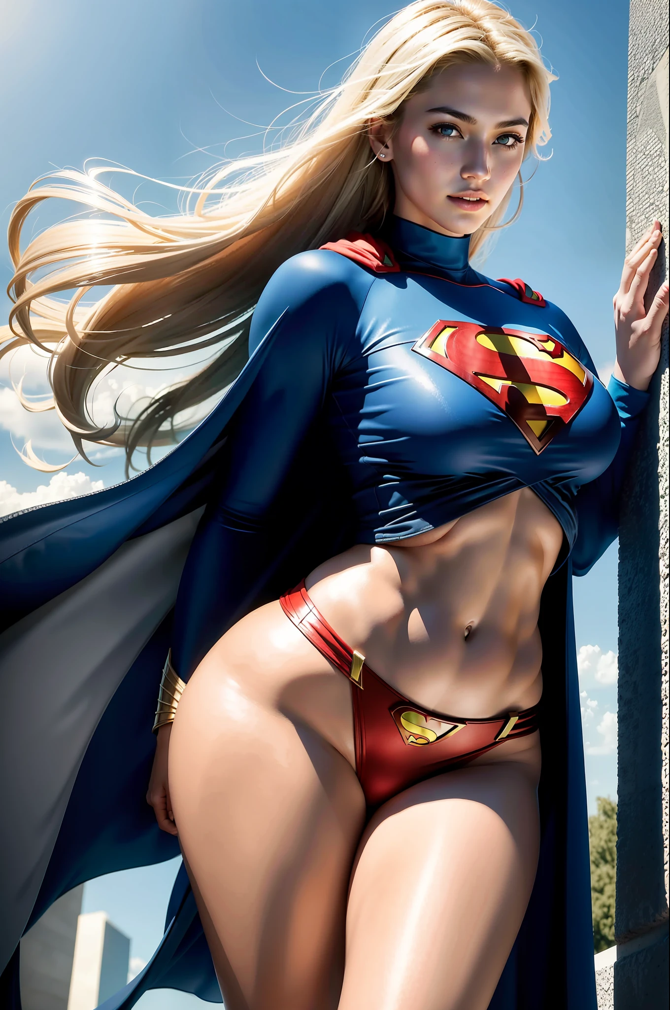 Blonde woman posing for photo of L Ji, cg social trends, plastic, very long hair, thin waist and thick hips, (strong abdomen), ((beauty)), rulê collar, very white skin, in the snow, feminine and muscular, (natural breasts: 1.5), (big ass), smiling, Korean Tiandan, (best quality: 1.3), (masterpiece: 1.3), (realistic: 1.4), (detail: 1.1), (Superman's S: 1.3) works of art fly over the city of France. The artwork should be extremely detailed and accurately depict the character of Superman, including his blue and red costume, cape, and insignia. The art must be created in high resolution 8K or 4K and must be rendered in 3D to give a realistic quality. Art must also be created in 8D for greater depth and dimension. The overall style of the artwork should be photorealistic, with an emphasis on capturing the vibrant colors and energy of the United States. Be sure to include iconic landmarks like the Twin Towers, The final work should be of the highest quality and match the level of detail and realism found in professional Adobe Photoshop work.