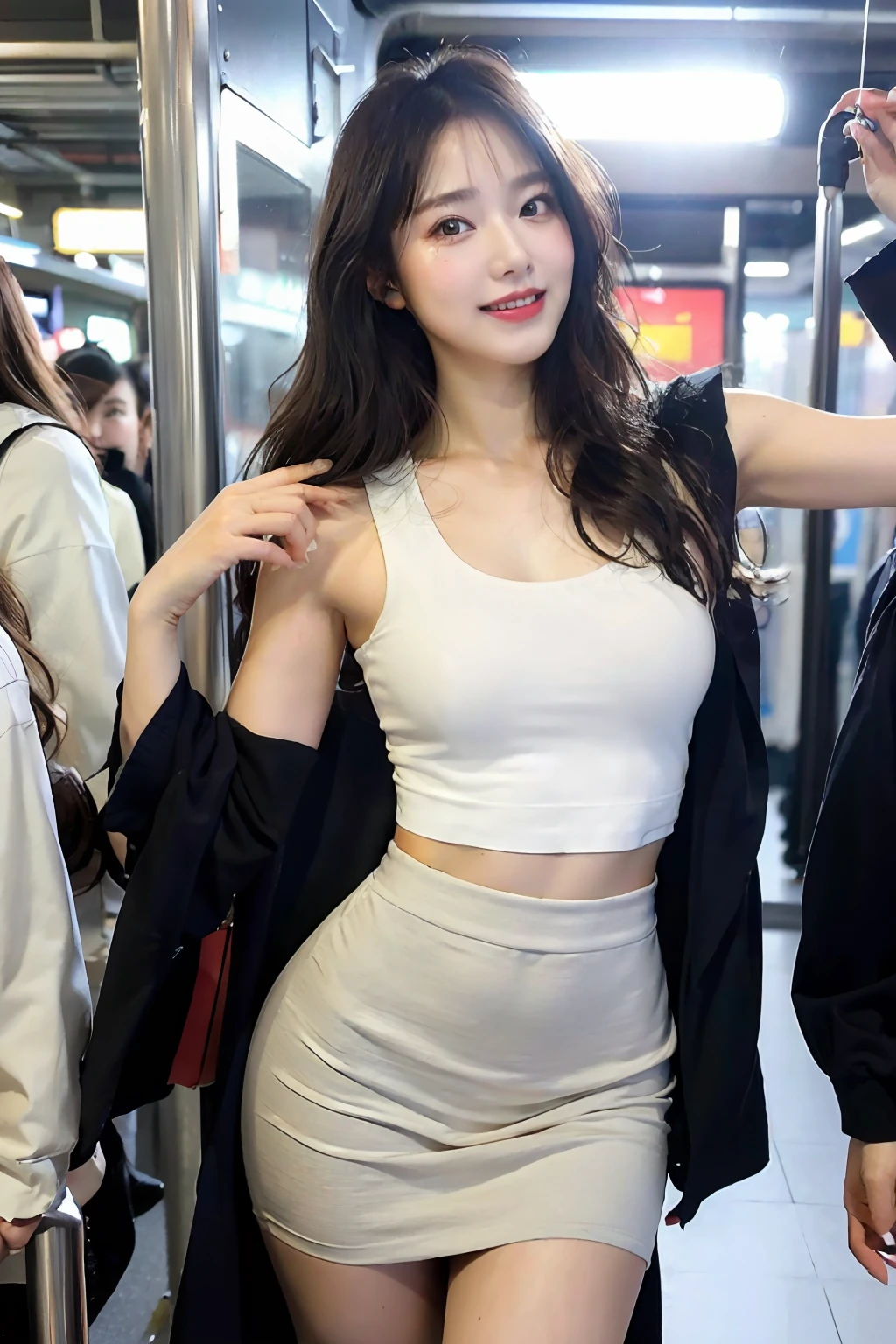 best quality, masterpiece, ultra high res, 8K, raw, (photo realistic:1.4), sharp focus, 1 girl, (detailed background:1.5), crowded train, sexy girl, slender, varied poses, cute, 18yo, laugh, tiny breasts, black hair, wavy hair, detailed clothes, white shirt, round swinging sexy mini skirt